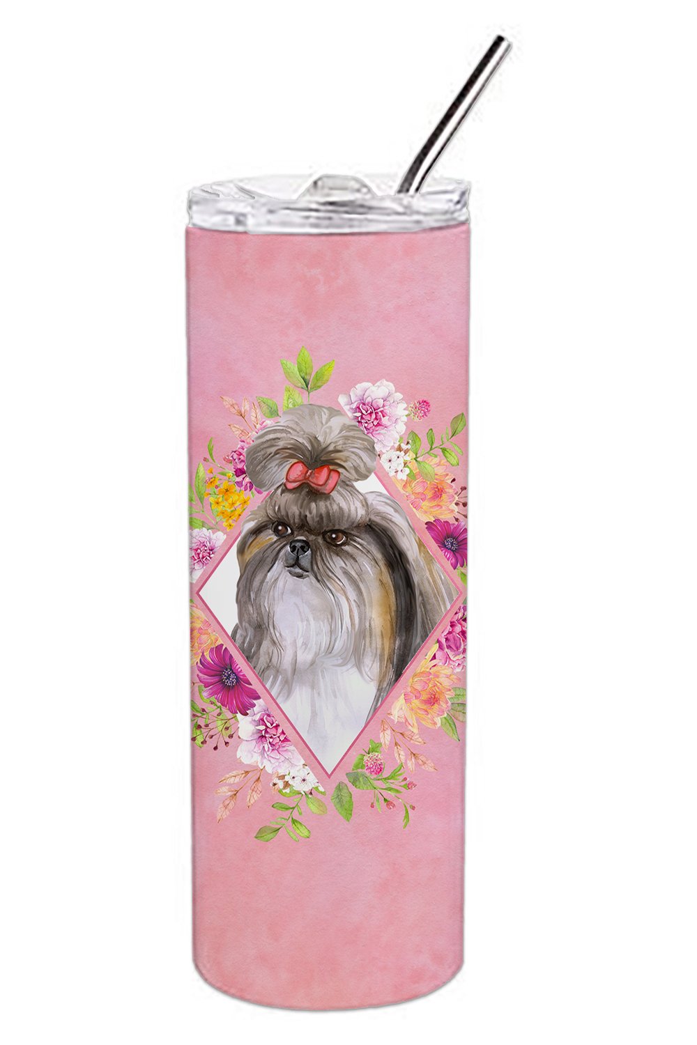 Shih Tzu Pink Flowers Double Walled Stainless Steel 20 oz Skinny Tumbler CK4184TBL20 by Caroline&#39;s Treasures