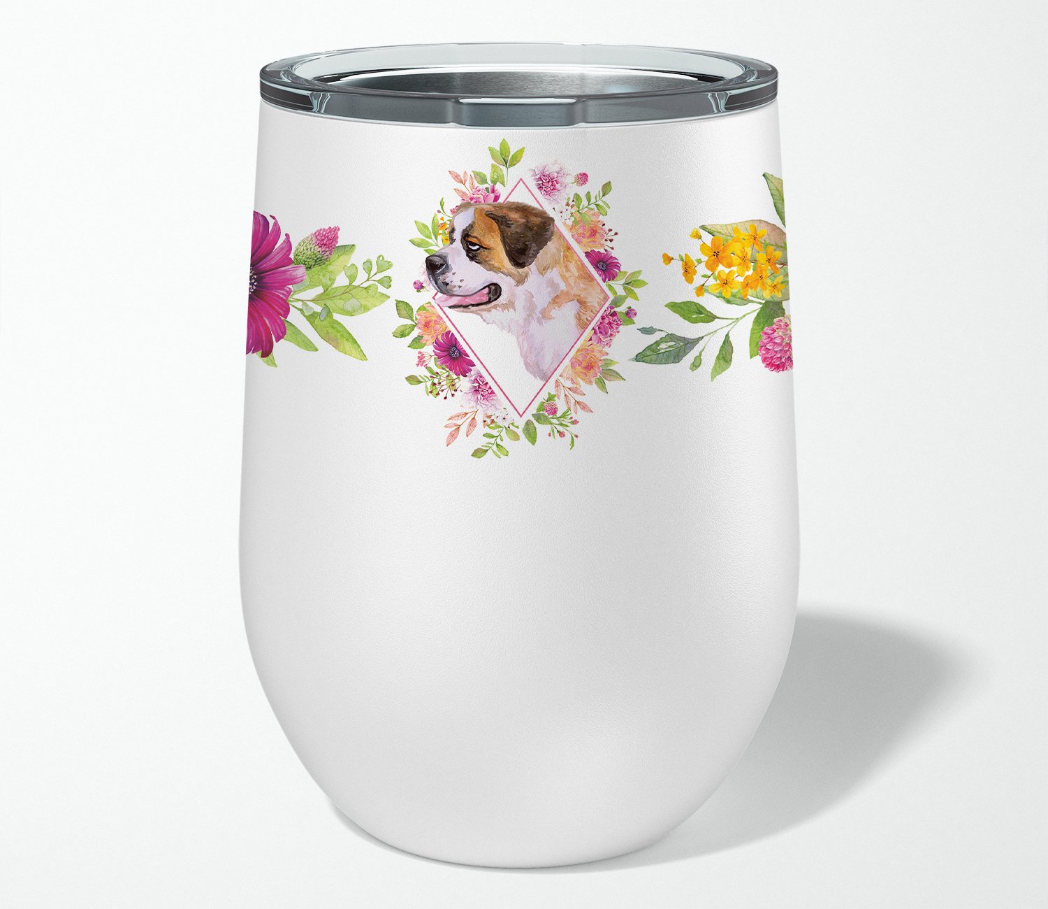 Saint Bernard #1 Pink Flowers Stainless Steel 12 oz Stemless Wine Glass CK4186TBL12 by Caroline's Treasures