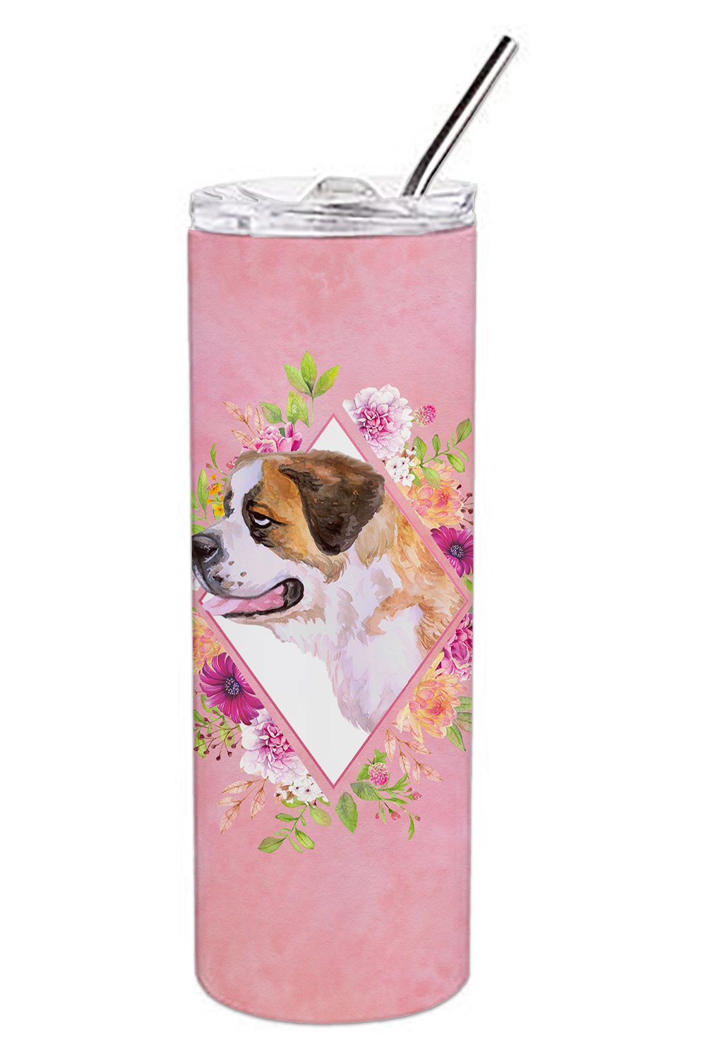 Saint Bernard #1 Pink Flowers Double Walled Stainless Steel 20 oz Skinny Tumbler CK4186TBL20 by Caroline's Treasures