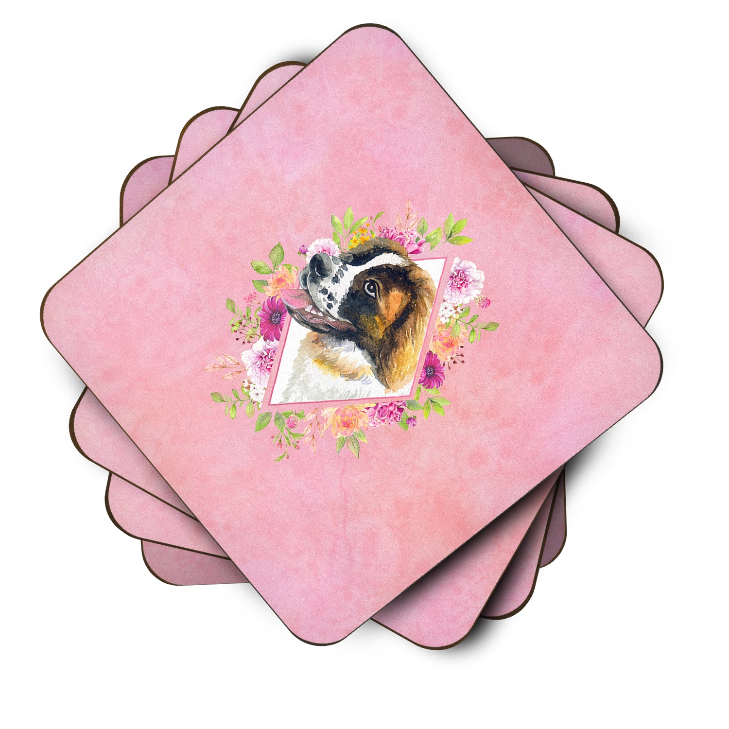 Set of 4 Saint Bernard #2 Pink Flowers Foam Coasters Set of 4 CK4187FC - the-store.com