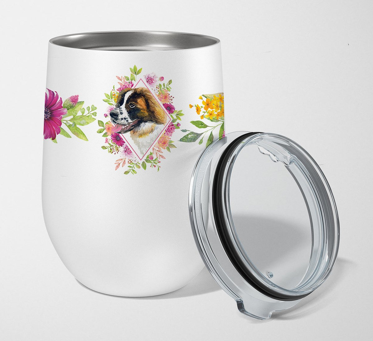 Saint Bernard #2 Pink Flowers Stainless Steel 12 oz Stemless Wine Glass CK4187TBL12 by Caroline&#39;s Treasures