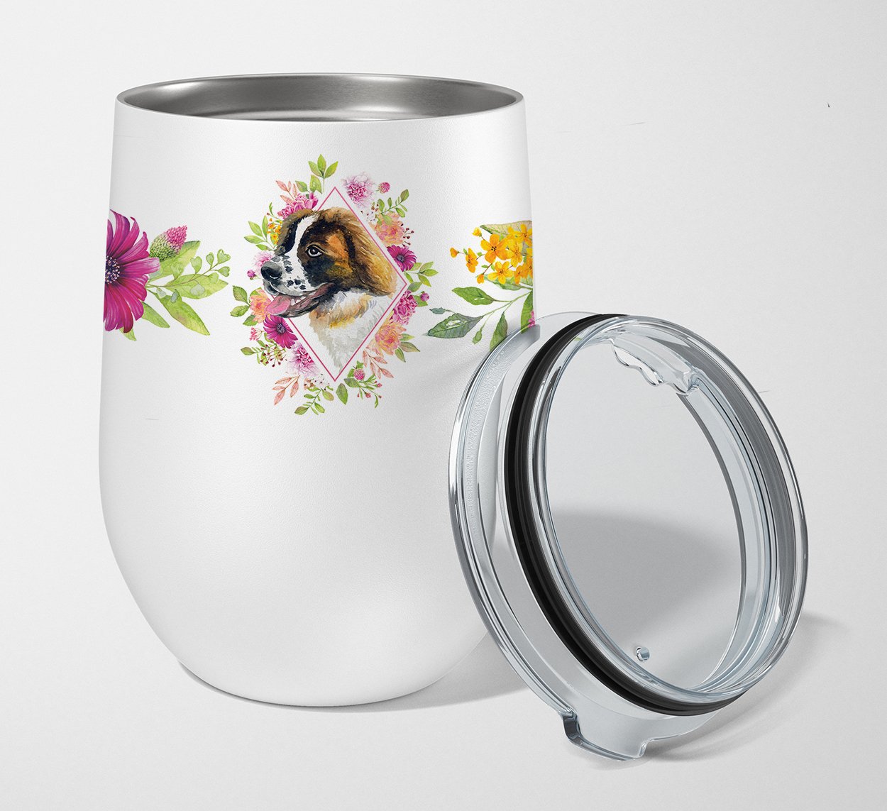 Saint Bernard #2 Pink Flowers Stainless Steel 12 oz Stemless Wine Glass CK4187TBL12 by Caroline's Treasures