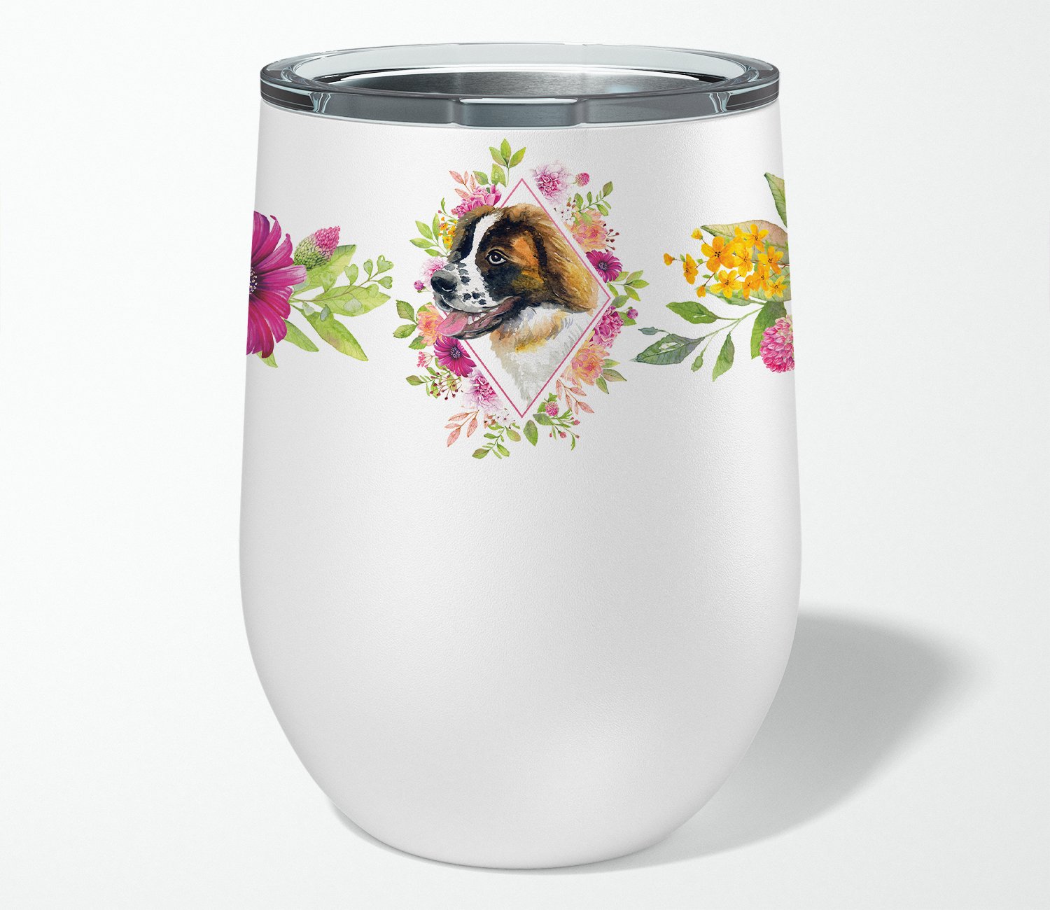 Saint Bernard #2 Pink Flowers Stainless Steel 12 oz Stemless Wine Glass CK4187TBL12 by Caroline's Treasures