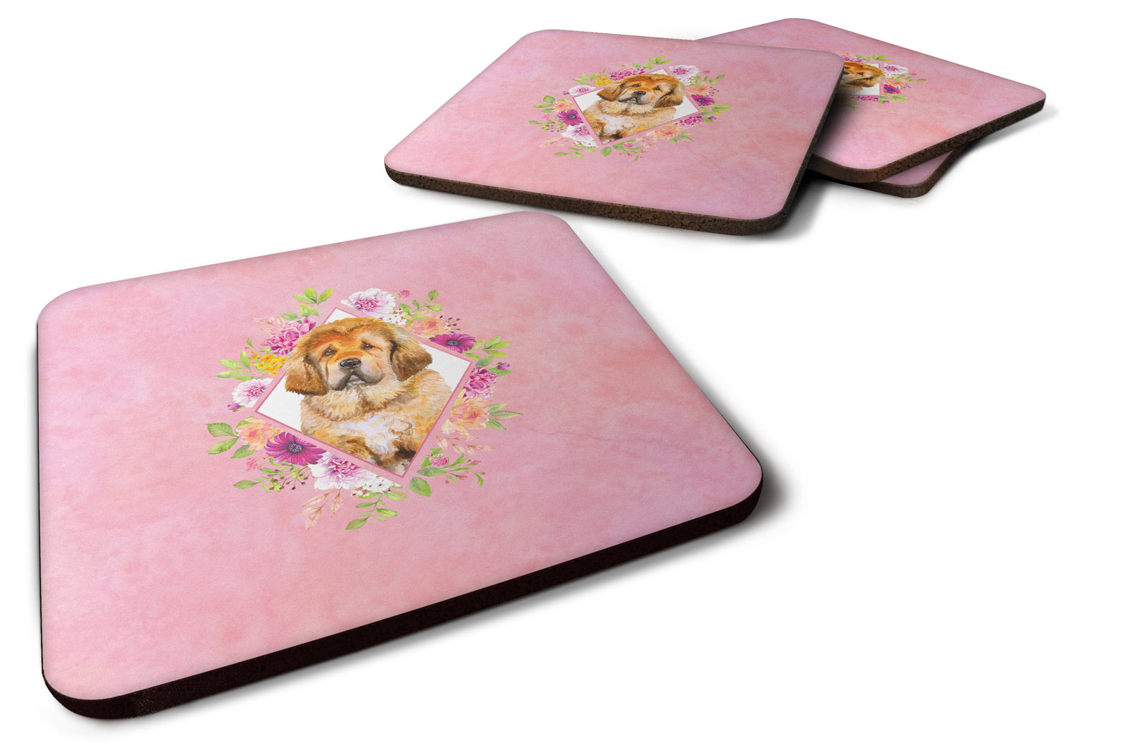 Set of 4 Tibetian Mastiff Puppy Pink Flowers Foam Coasters Set of 4 CK4189FC - the-store.com