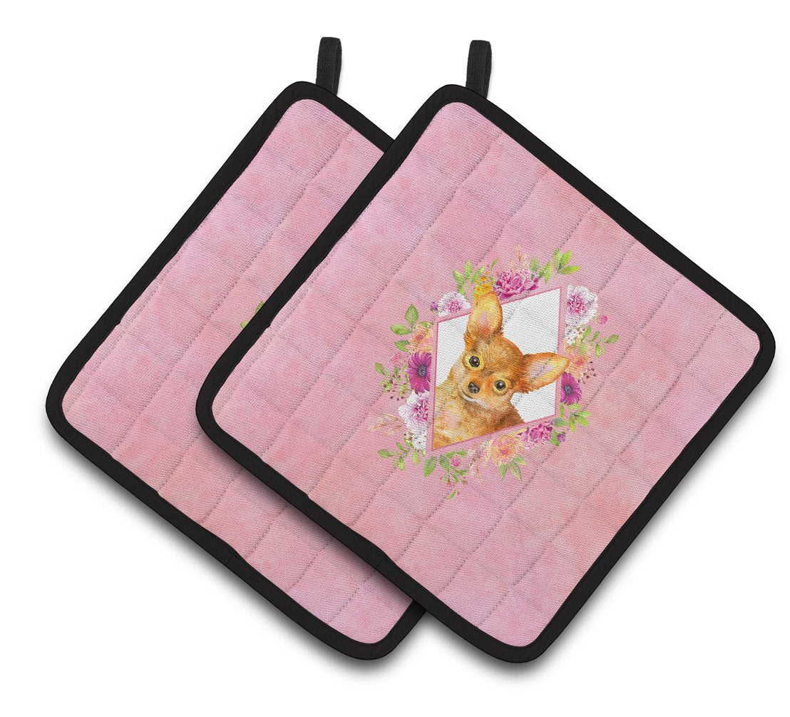 Toy Terrier Pink Flowers Pair of Pot Holders CK4190PTHD by Caroline&#39;s Treasures