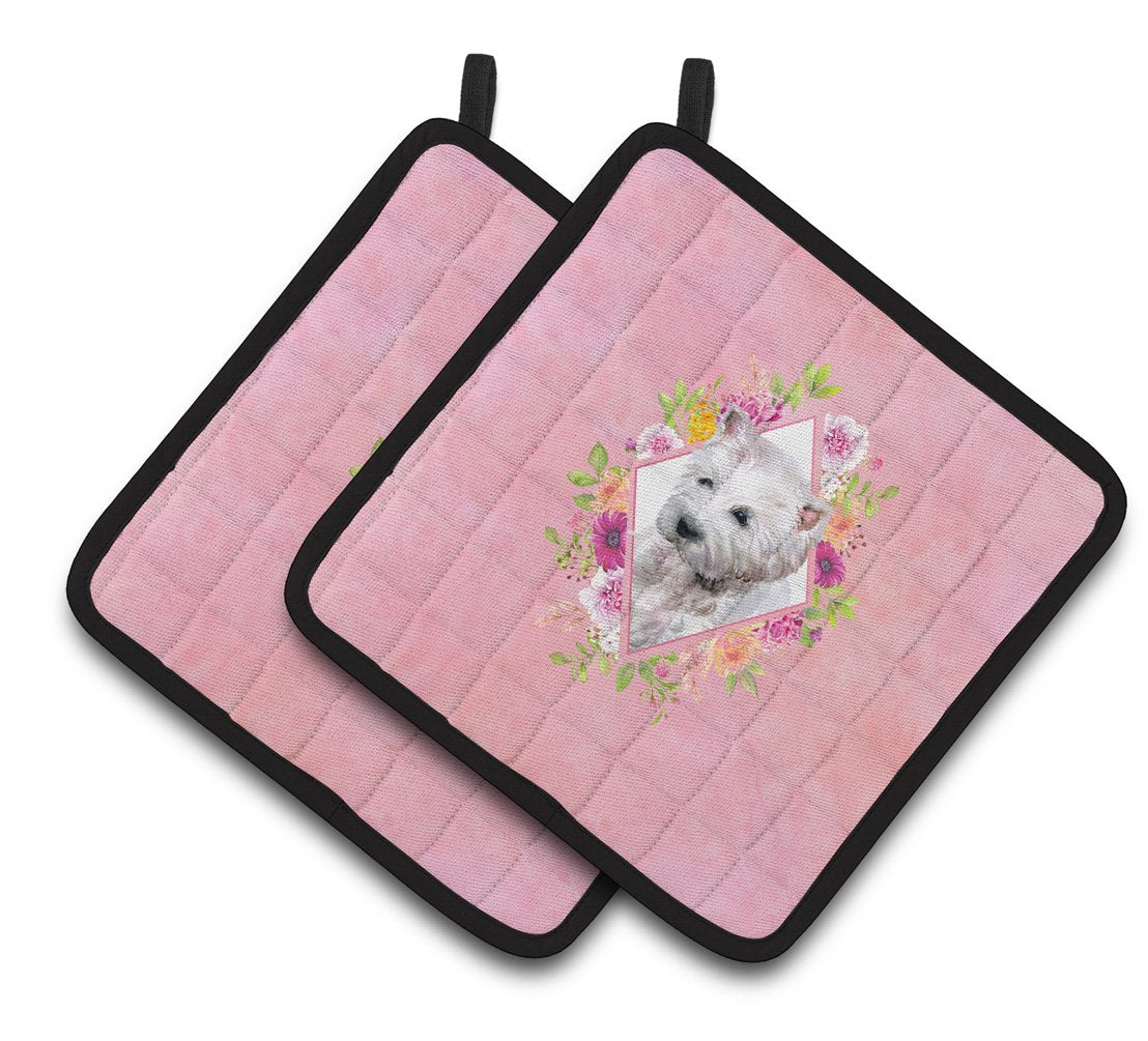 West Highland White Terrier Pink Flowers Pair of Pot Holders CK4193PTHD by Caroline's Treasures