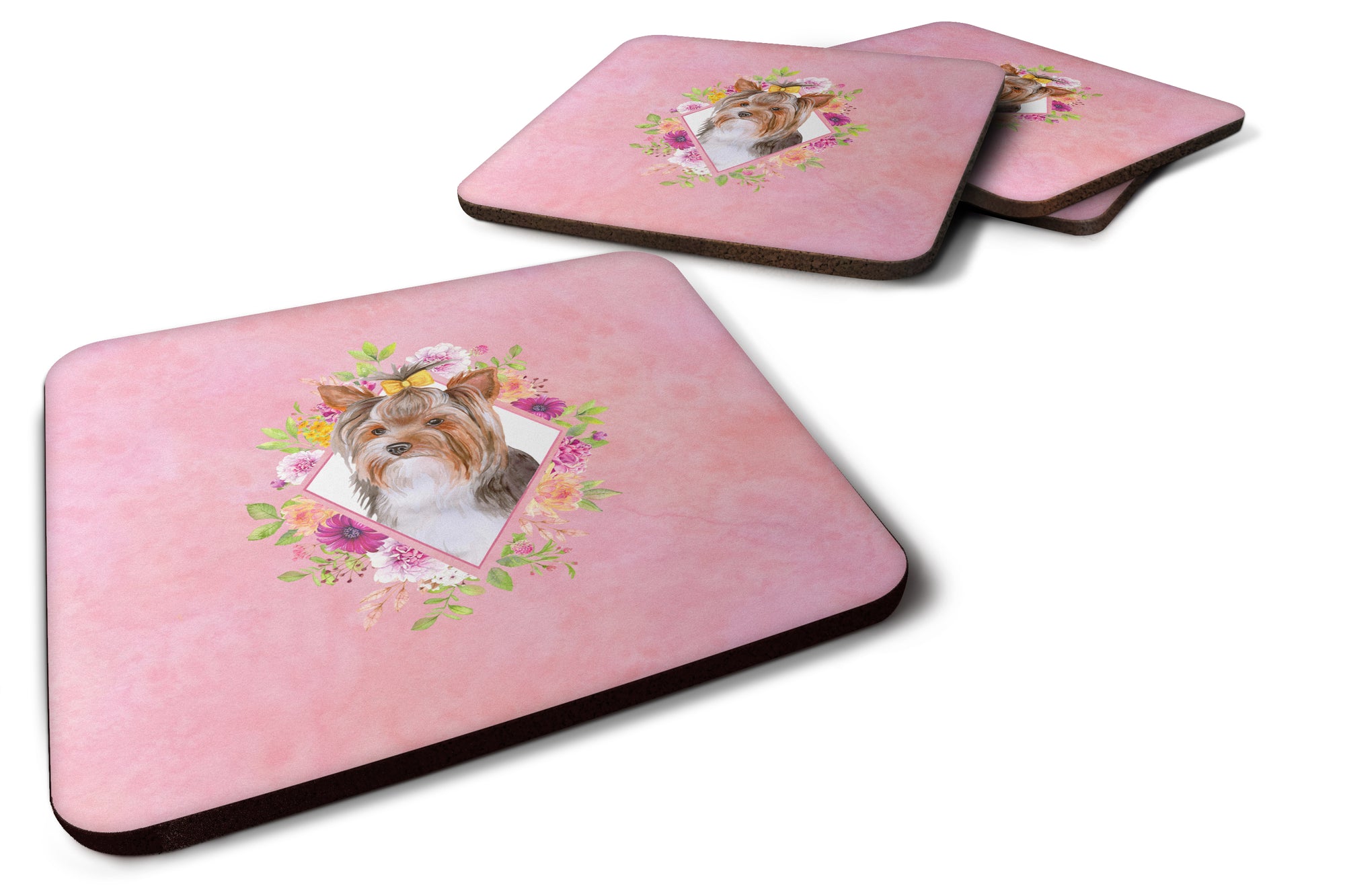 Set of 4 Yorkshire Terrier #1 Pink Flowers Foam Coasters Set of 4 CK4194FC - the-store.com