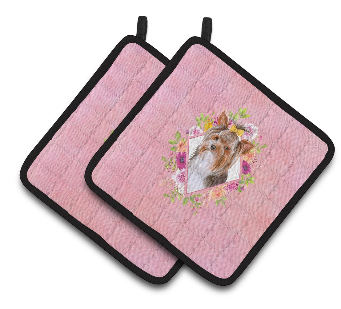 Yorkshire Terrier #1 Pink Flowers Pair of Pot Holders CK4194PTHD by Caroline&#39;s Treasures