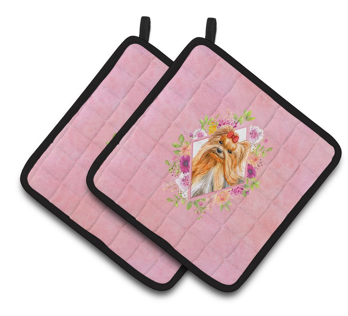 Yorkshire Terrier #2 Pink Flowers Pair of Pot Holders CK4195PTHD by Caroline&#39;s Treasures