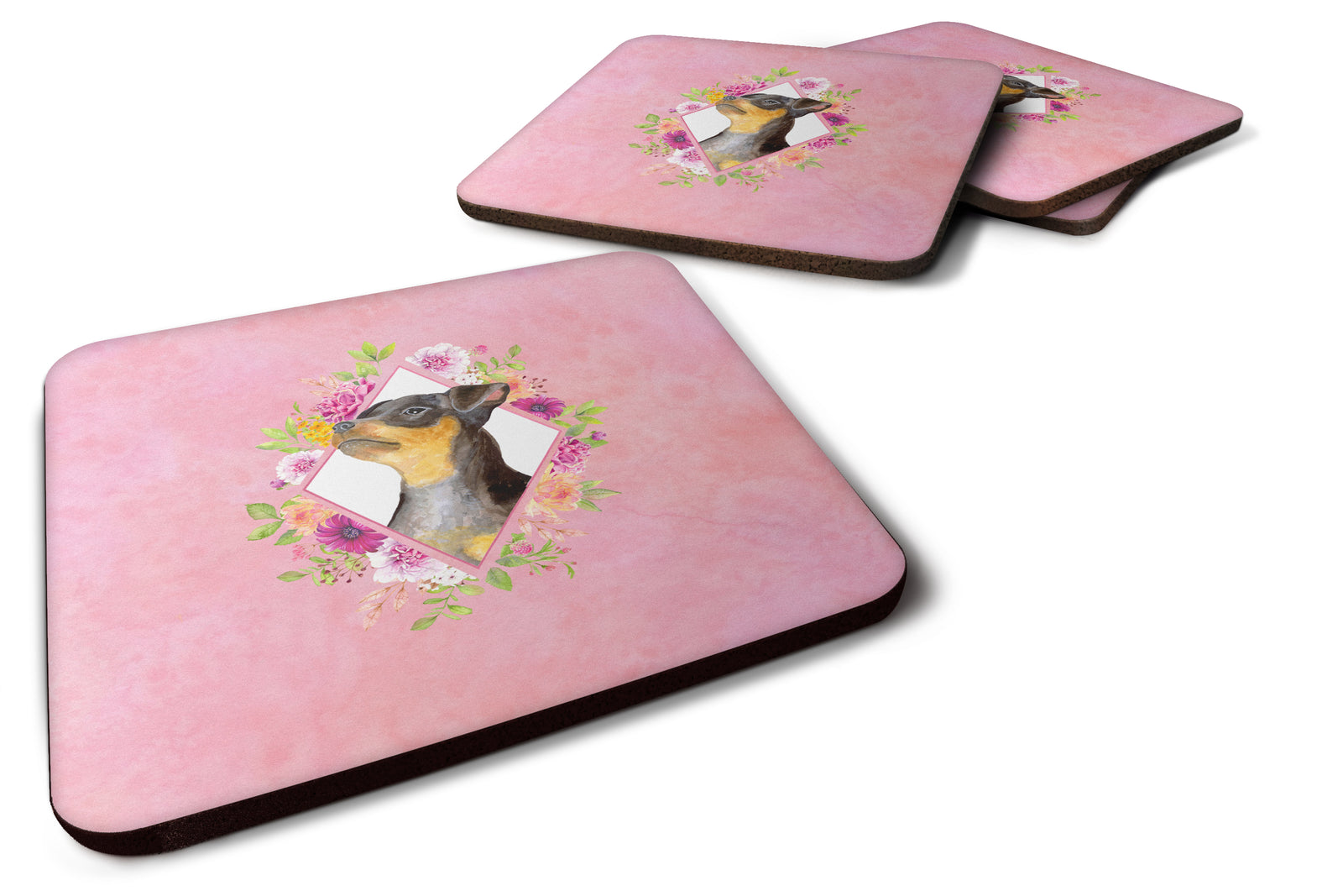 Set of 4 Black Miniature Pinscher Pink Flowers Foam Coasters Set of 4 CK4196FC - the-store.com