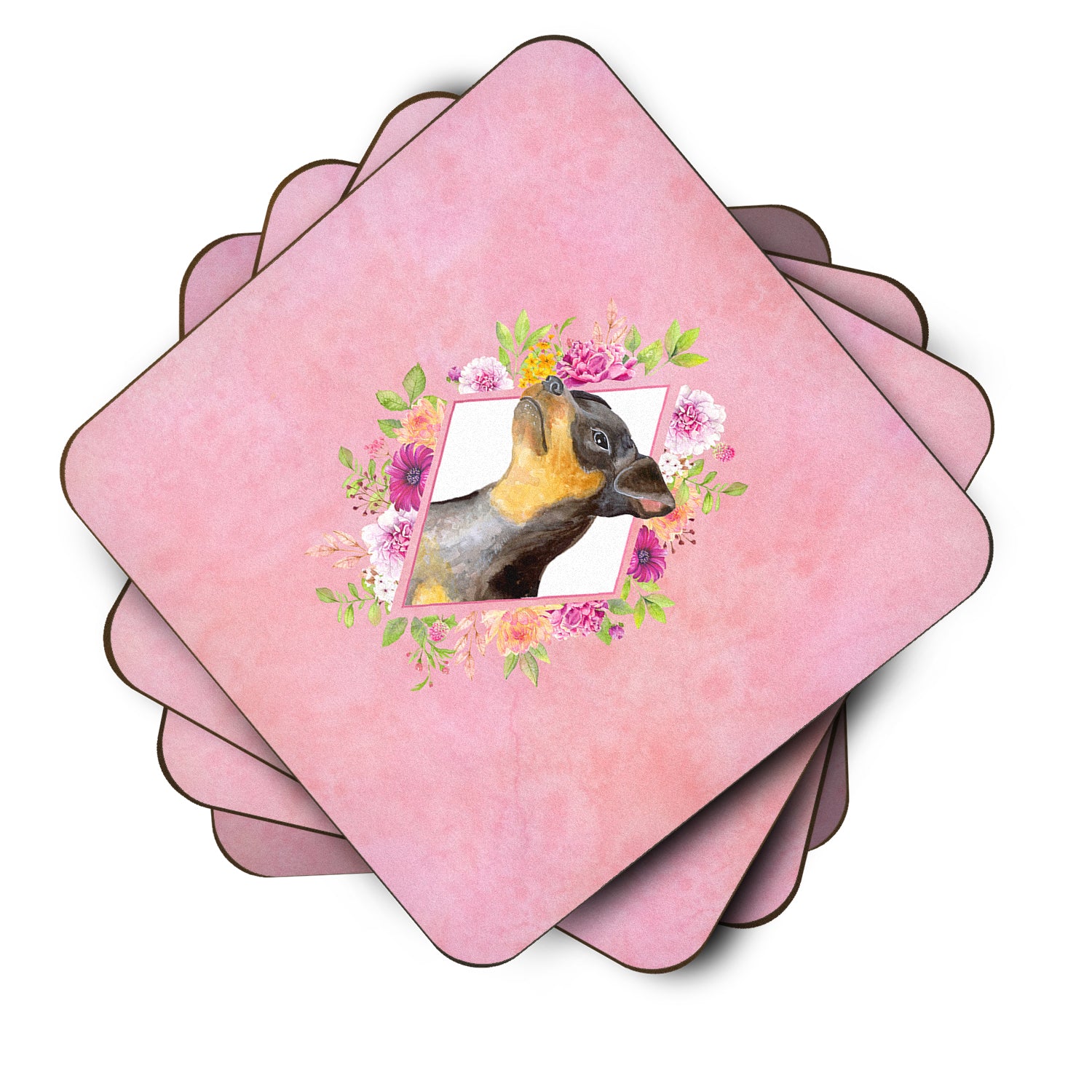 Set of 4 Black Miniature Pinscher Pink Flowers Foam Coasters Set of 4 CK4196FC - the-store.com