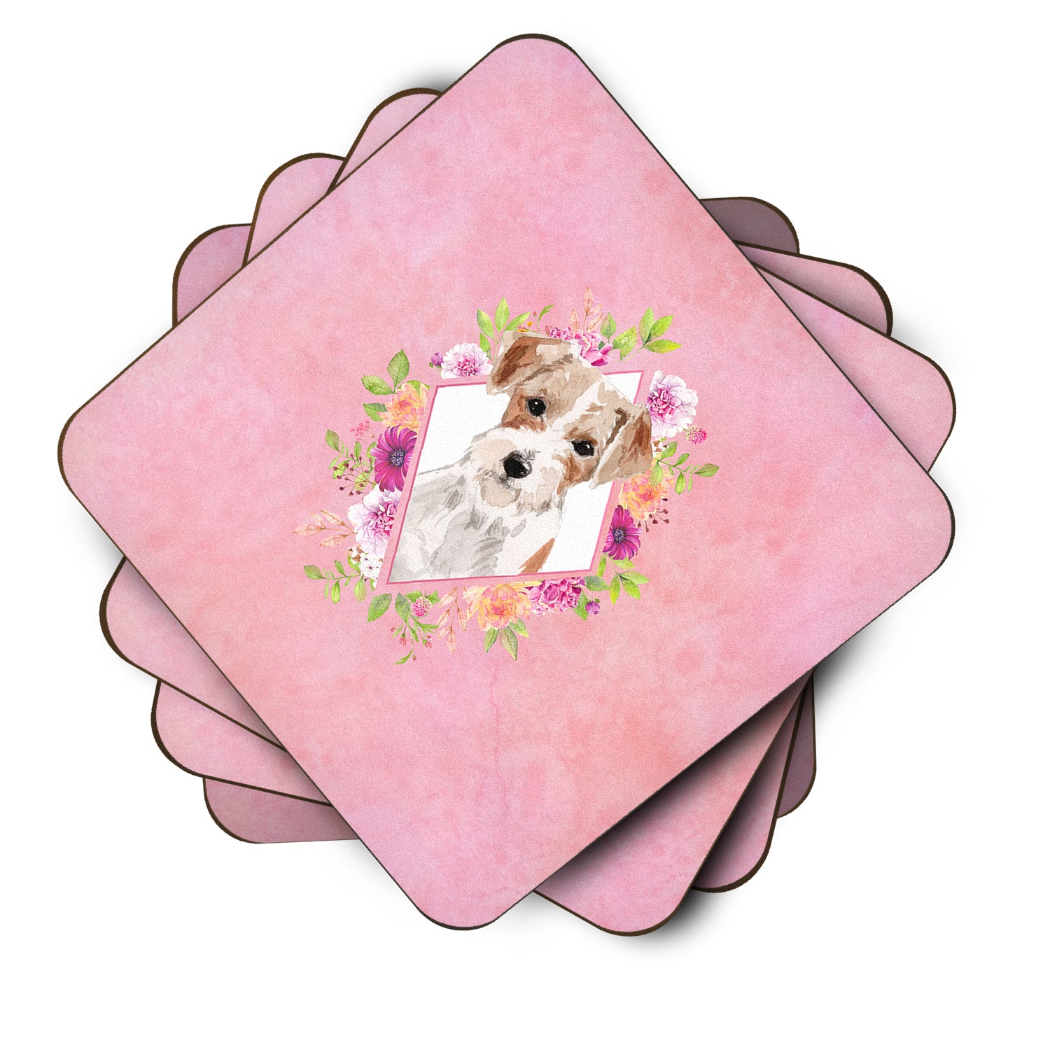 Set of 4 Jack Russell Terrier Pink Flowers Foam Coasters Set of 4 CK4198FC - the-store.com