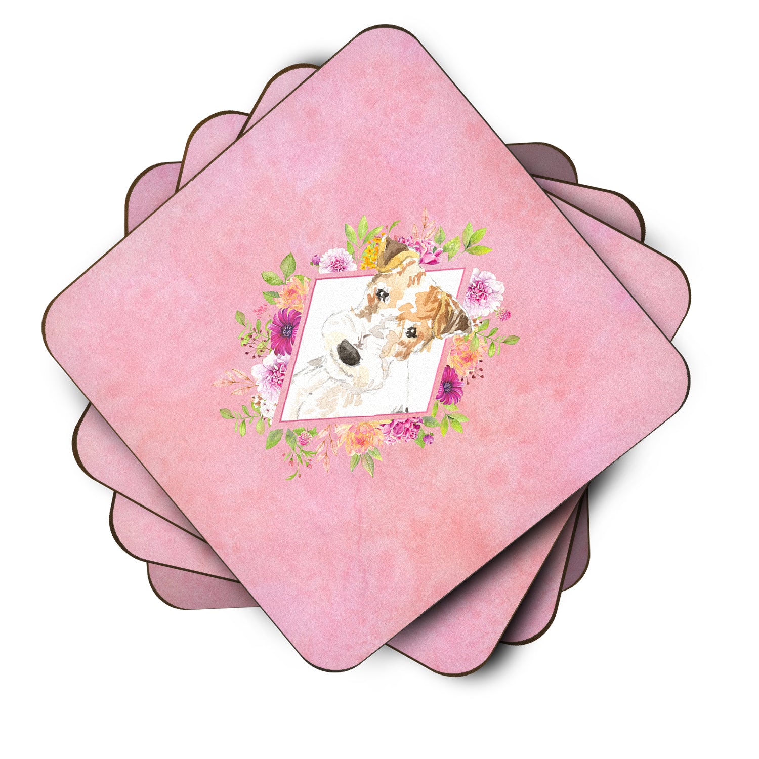 Set of 4 Fox Terrier Pink Flowers Foam Coasters Set of 4 CK4199FC - the-store.com