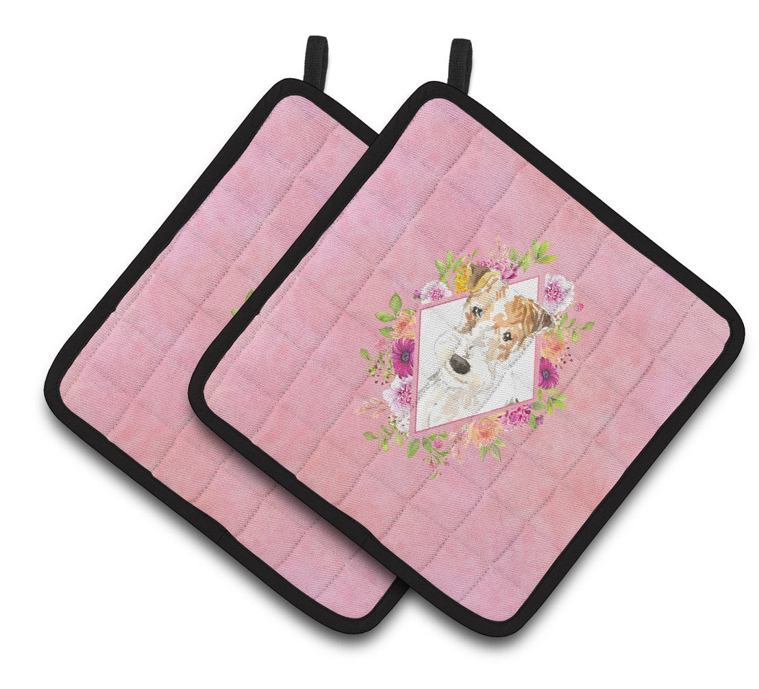 Fox Terrier Pink Flowers Pair of Pot Holders CK4199PTHD by Caroline's Treasures