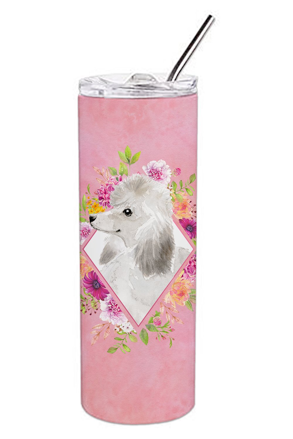 White Standard Poodle Pink Flowers Double Walled Stainless Steel 20 oz Skinny Tumbler CK4200TBL20 by Caroline's Treasures