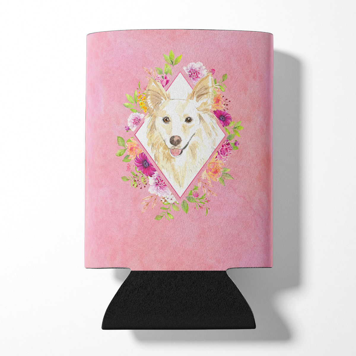 White Collie Pink Flowers Can or Bottle Hugger CK4201CC  the-store.com.