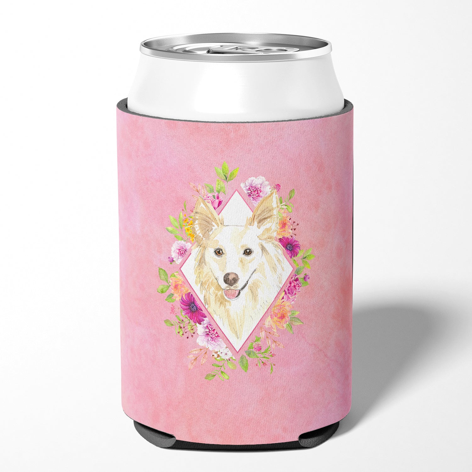 White Collie Pink Flowers Can or Bottle Hugger CK4201CC  the-store.com.