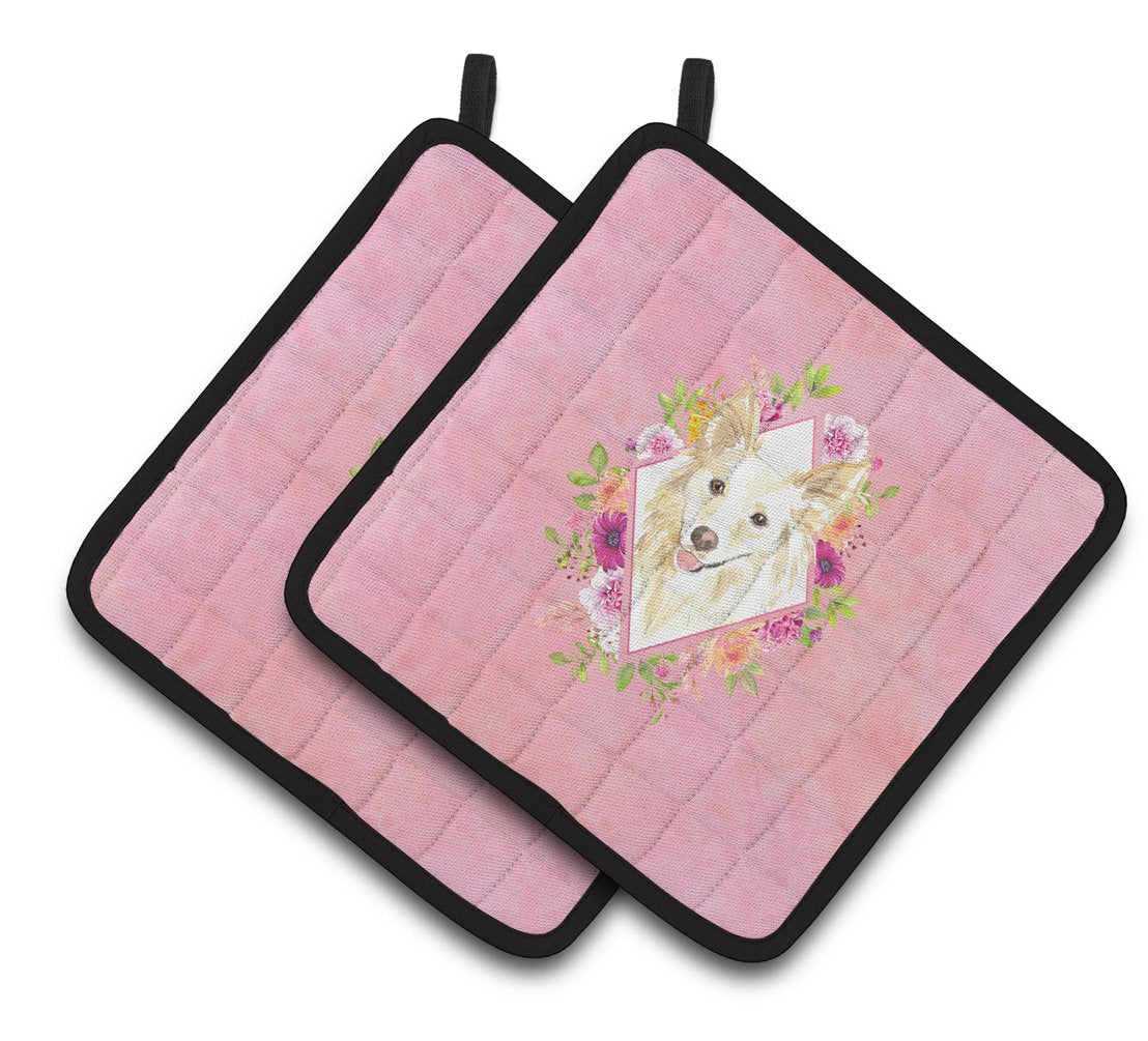 White Collie Pink Flowers Pair of Pot Holders CK4201PTHD by Caroline's Treasures