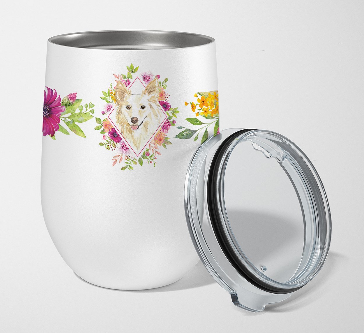 White Collie Pink Flowers Stainless Steel 12 oz Stemless Wine Glass CK4201TBL12 by Caroline's Treasures