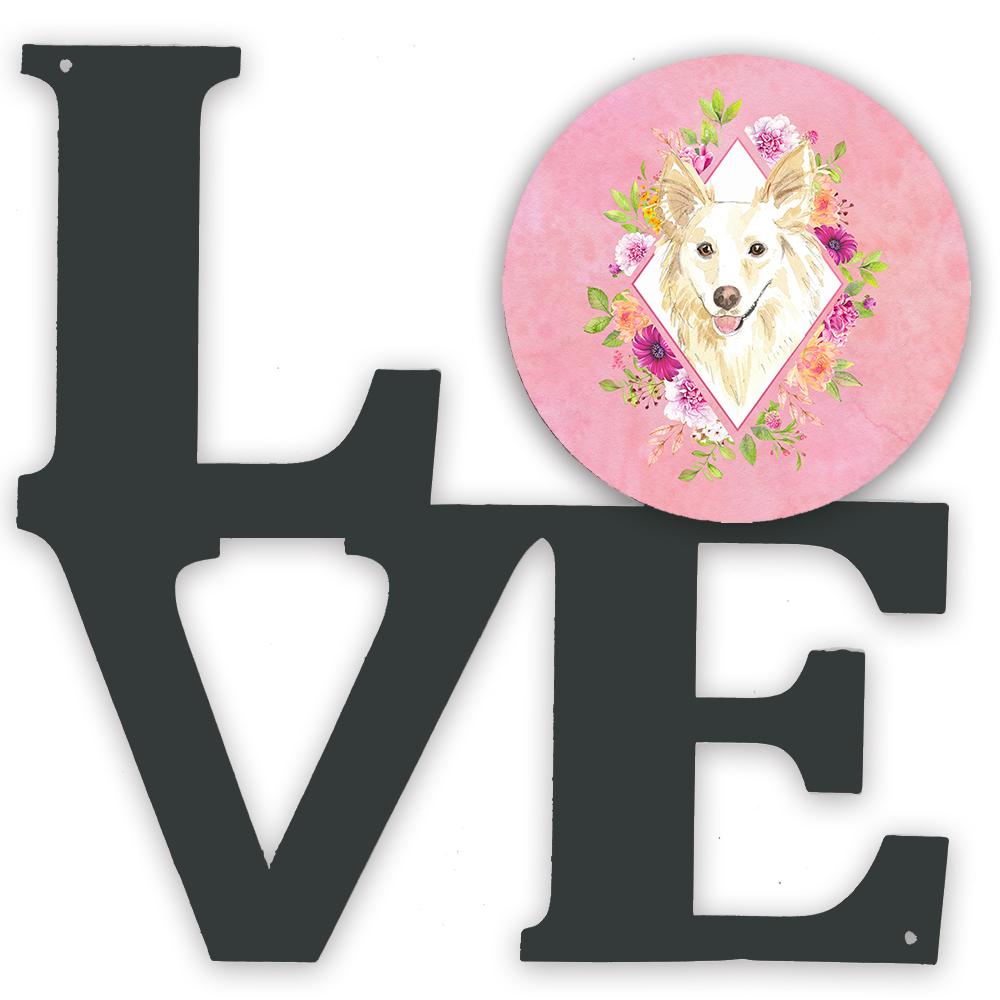 White Collie Pink Flowers Metal Wall Artwork LOVE CK4201WALV by Caroline's Treasures