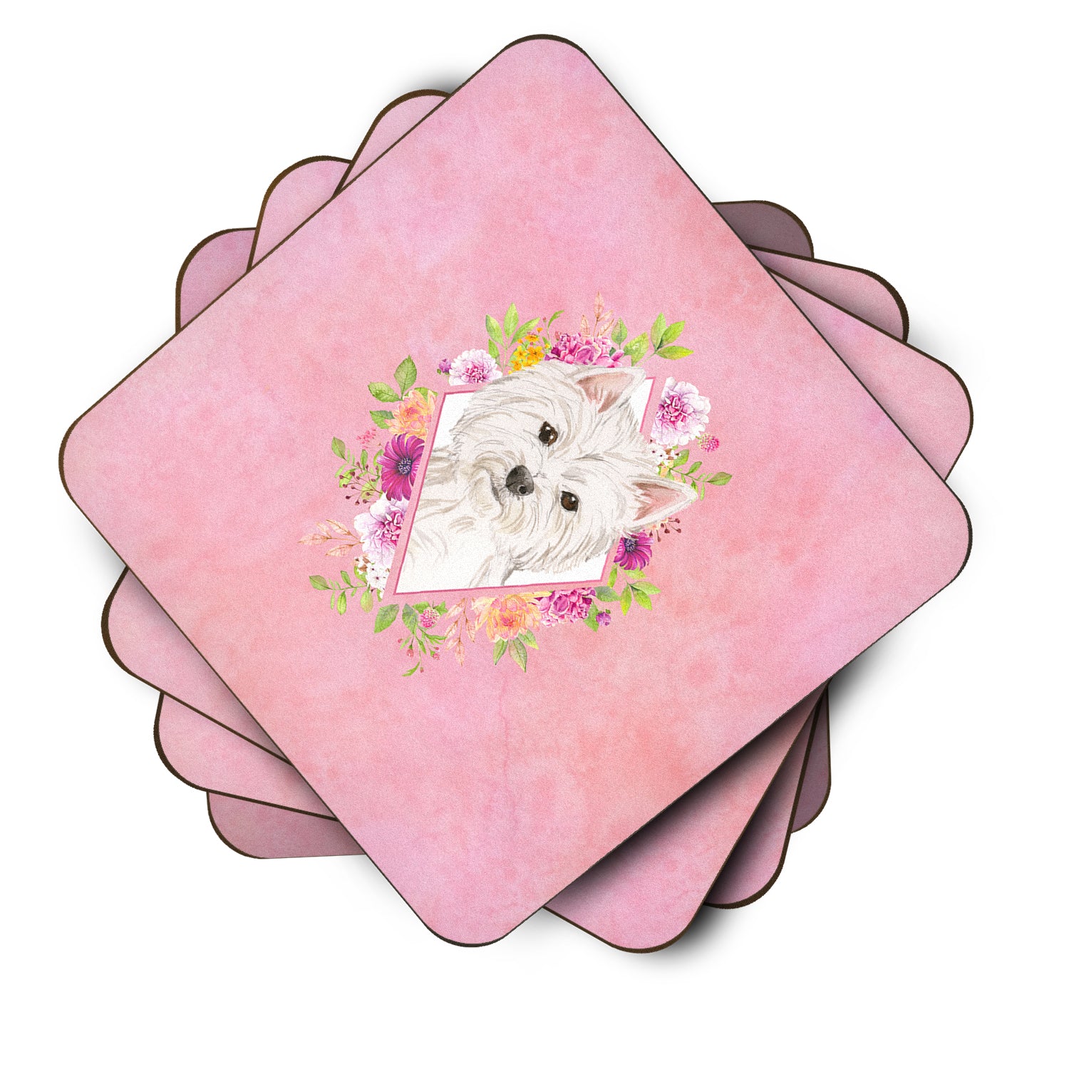 Set of 4 Westie  Pink Flowers Foam Coasters Set of 4 CK4203FC - the-store.com