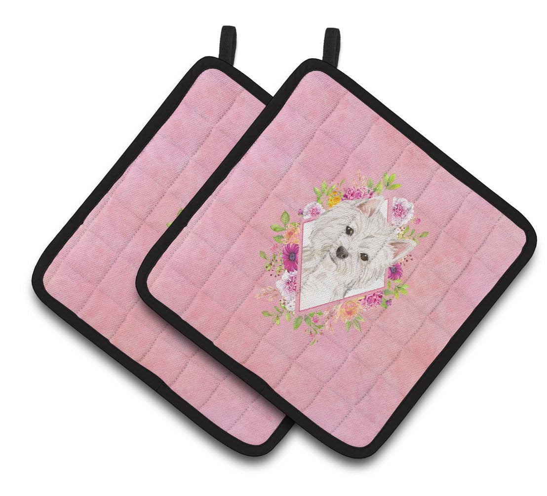 Westie  Pink Flowers Pair of Pot Holders CK4203PTHD by Caroline&#39;s Treasures