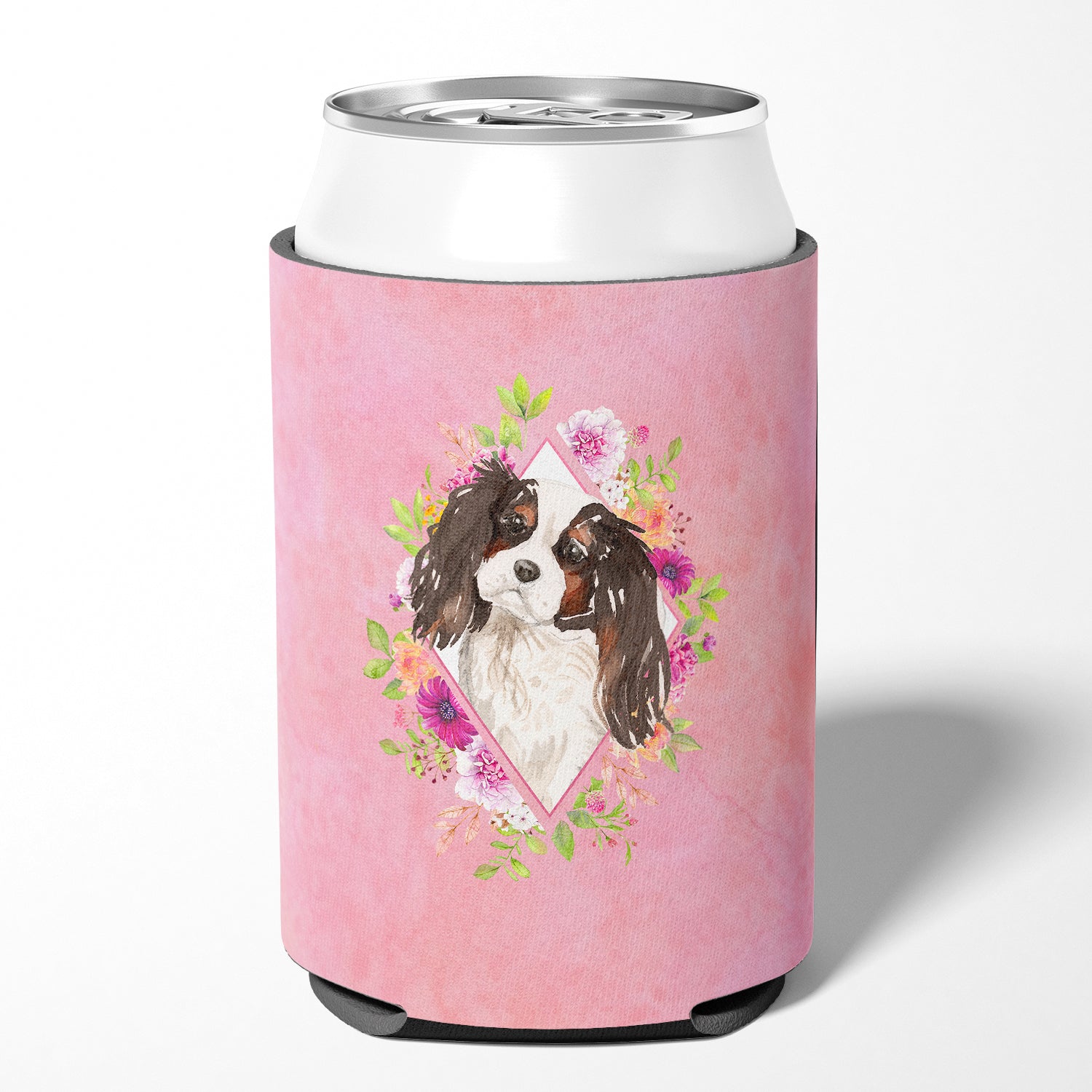 Tricolor Cavalier Spaniel Pink Flowers Can or Bottle Hugger CK4206CC  the-store.com.