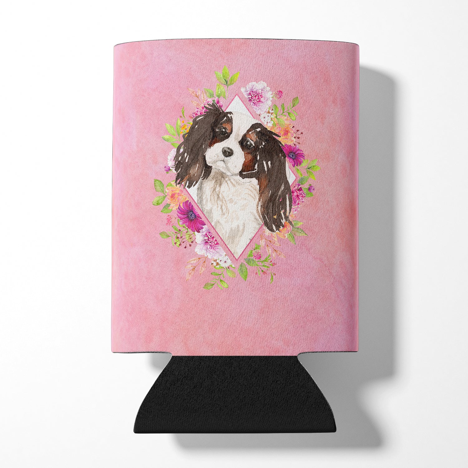 Tricolor Cavalier Spaniel Pink Flowers Can or Bottle Hugger CK4206CC  the-store.com.