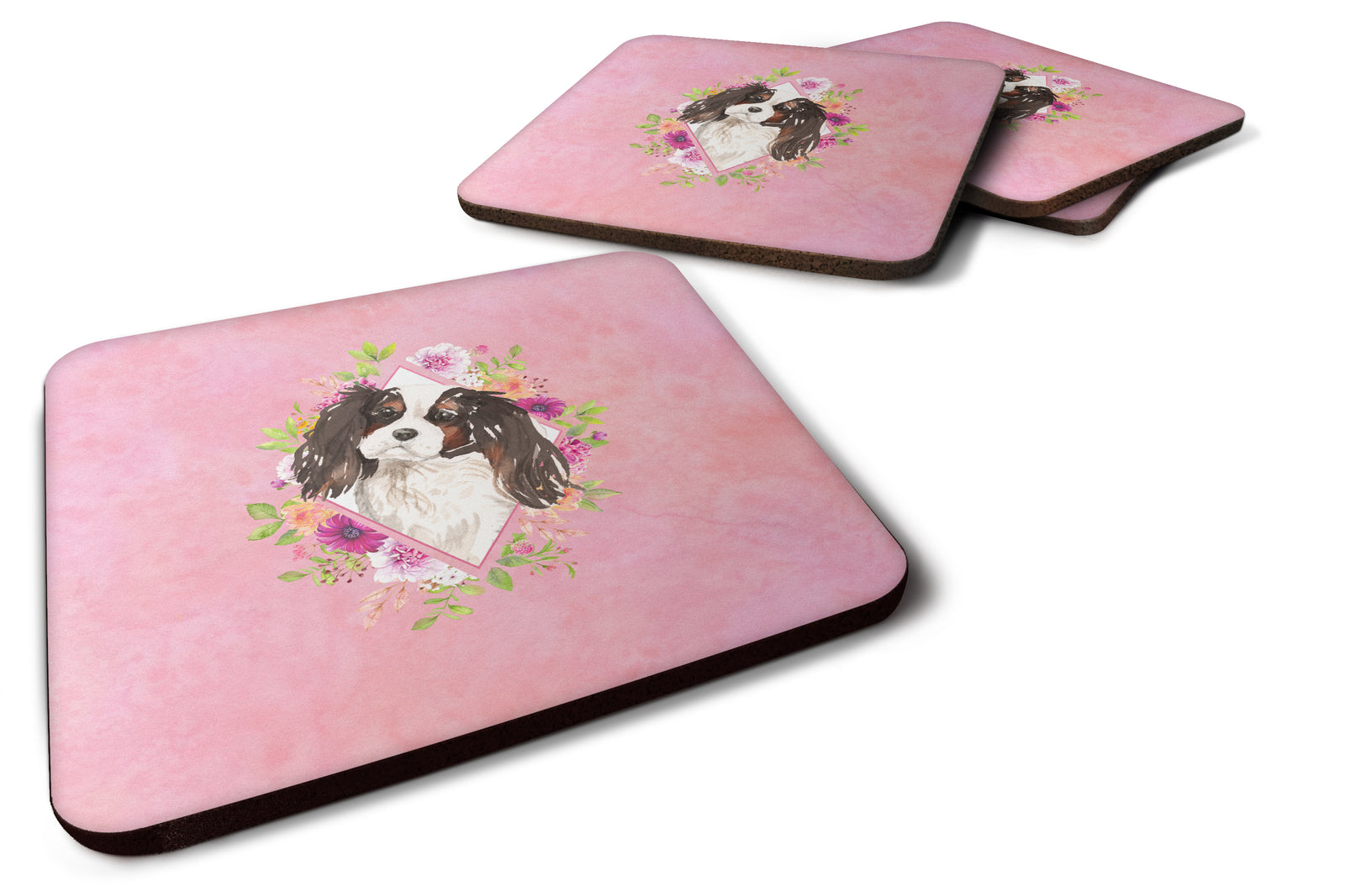 Set of 4 Tricolor Cavalier Spaniel Pink Flowers Foam Coasters Set of 4 CK4206FC - the-store.com