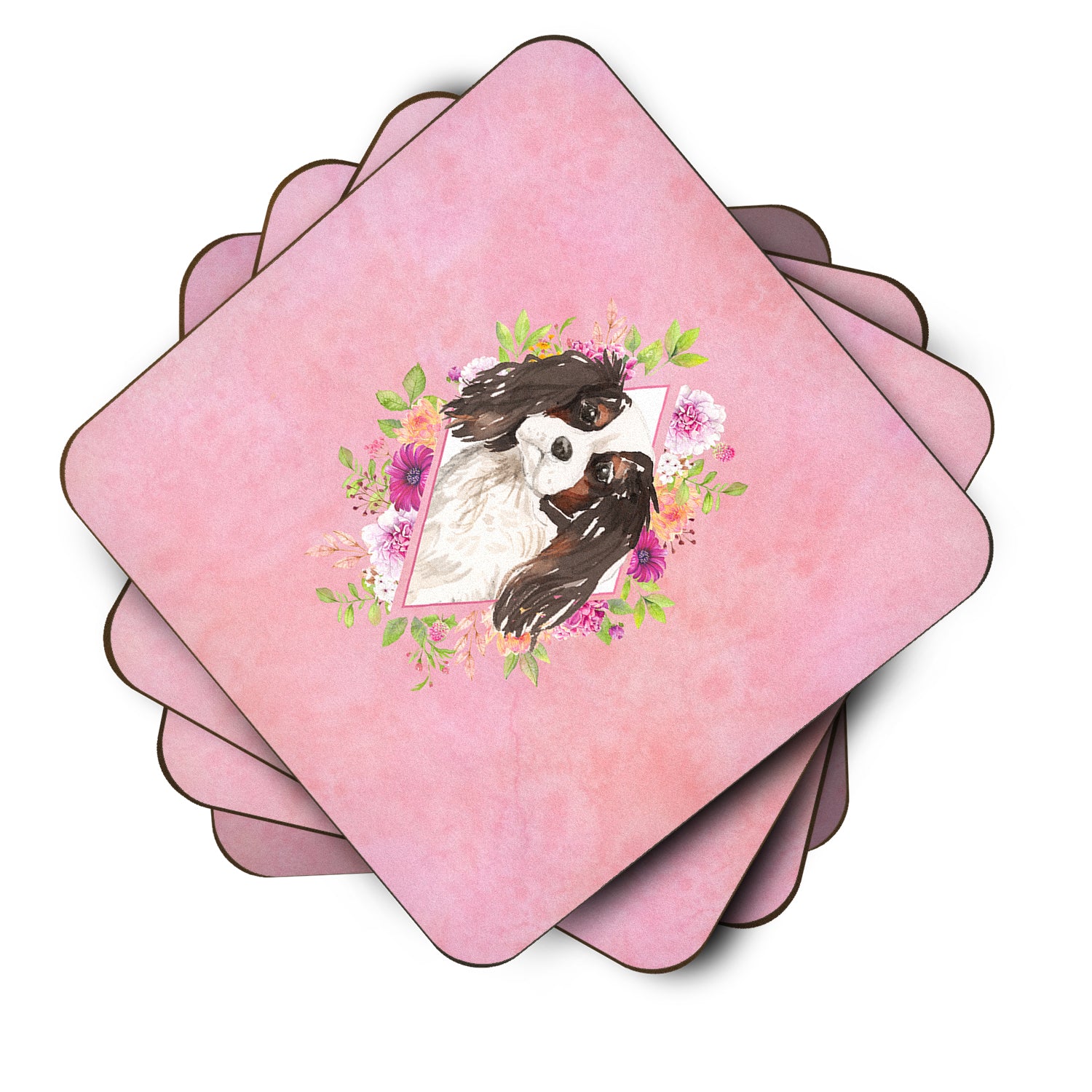 Set of 4 Tricolor Cavalier Spaniel Pink Flowers Foam Coasters Set of 4 CK4206FC - the-store.com