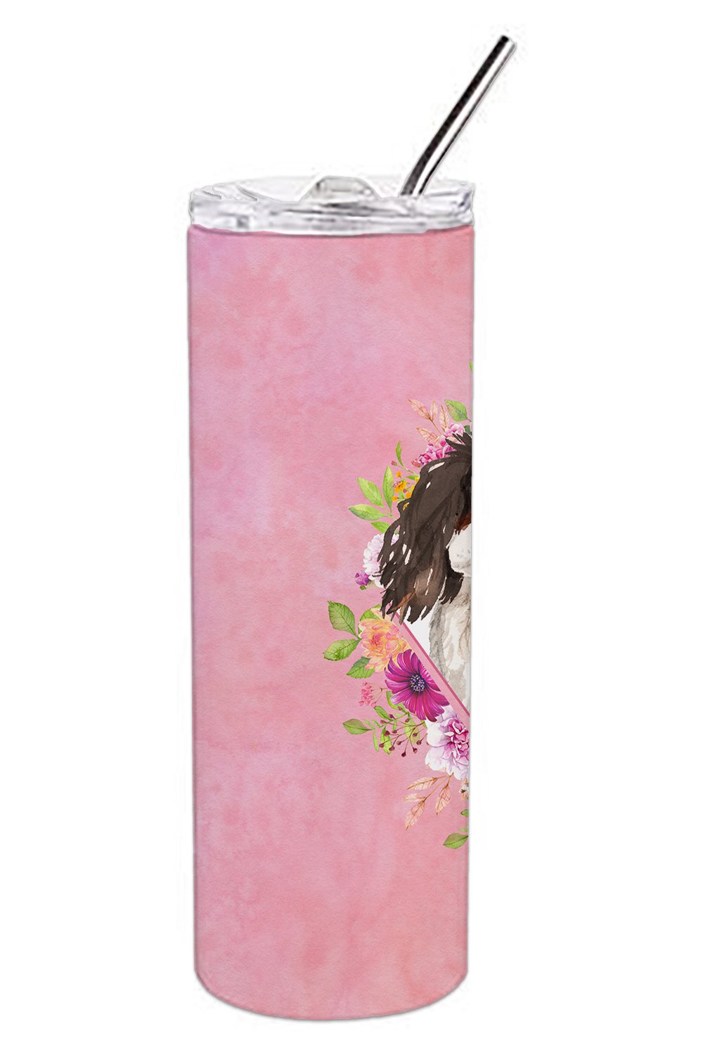 Tricolor Cavalier Spaniel Pink Flowers Double Walled Stainless Steel 20 oz Skinny Tumbler CK4206TBL20 by Caroline's Treasures