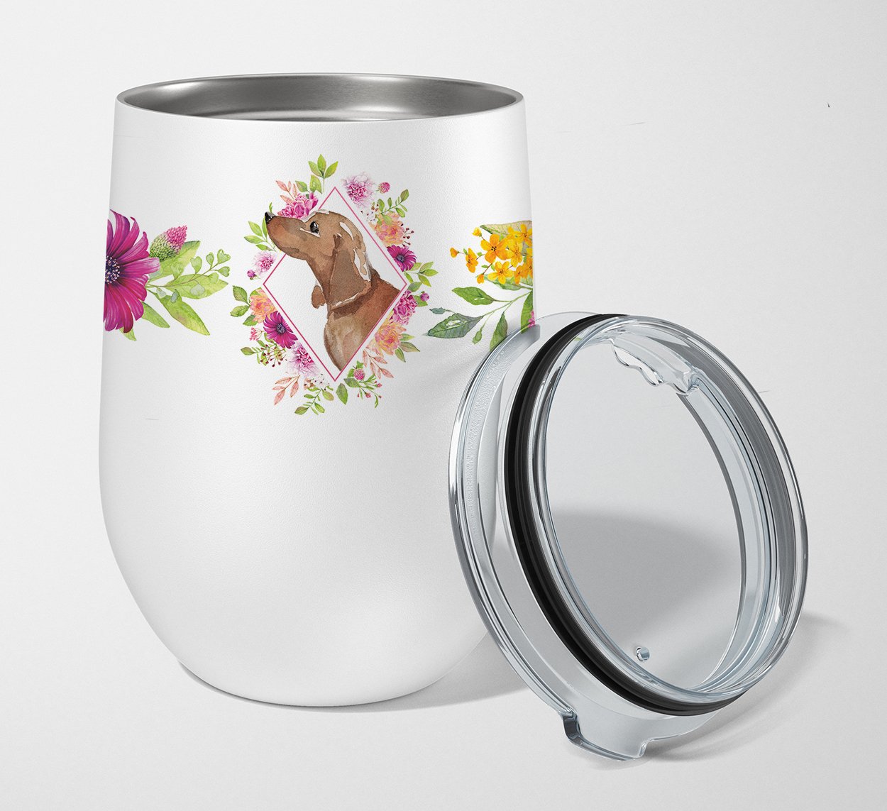 Dachshund Pink Flowers Stainless Steel 12 oz Stemless Wine Glass CK4207TBL12 by Caroline's Treasures