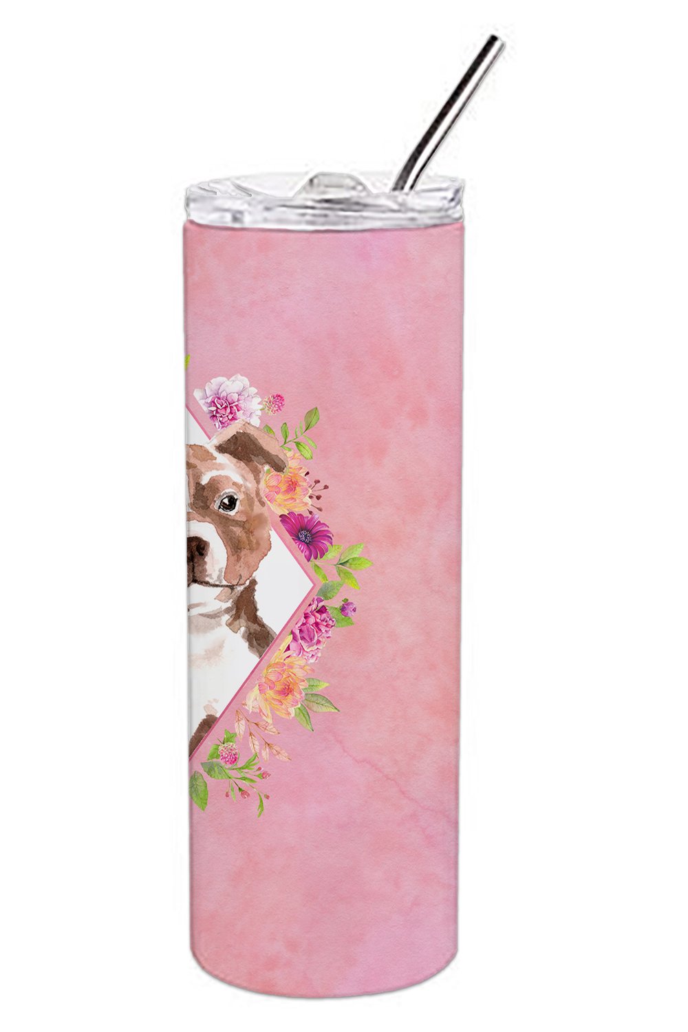 Staffie Bull Terrier Pink Flowers Double Walled Stainless Steel 20 oz Skinny Tumbler CK4208TBL20 by Caroline's Treasures