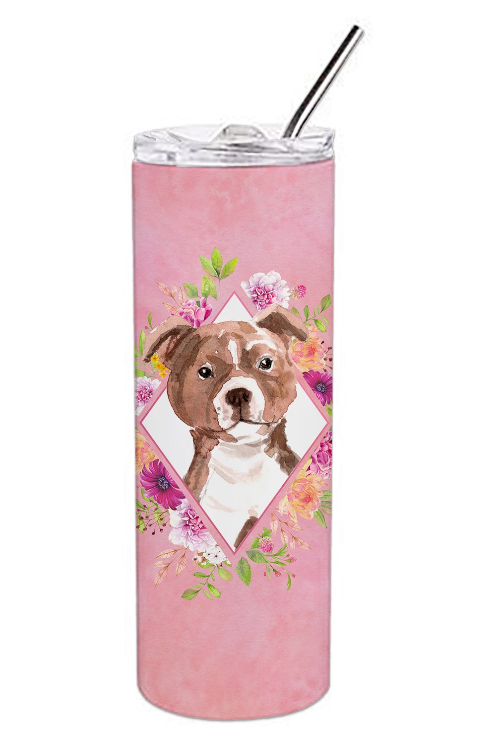 Staffie Bull Terrier Pink Flowers Double Walled Stainless Steel 20 oz Skinny Tumbler CK4208TBL20 by Caroline's Treasures