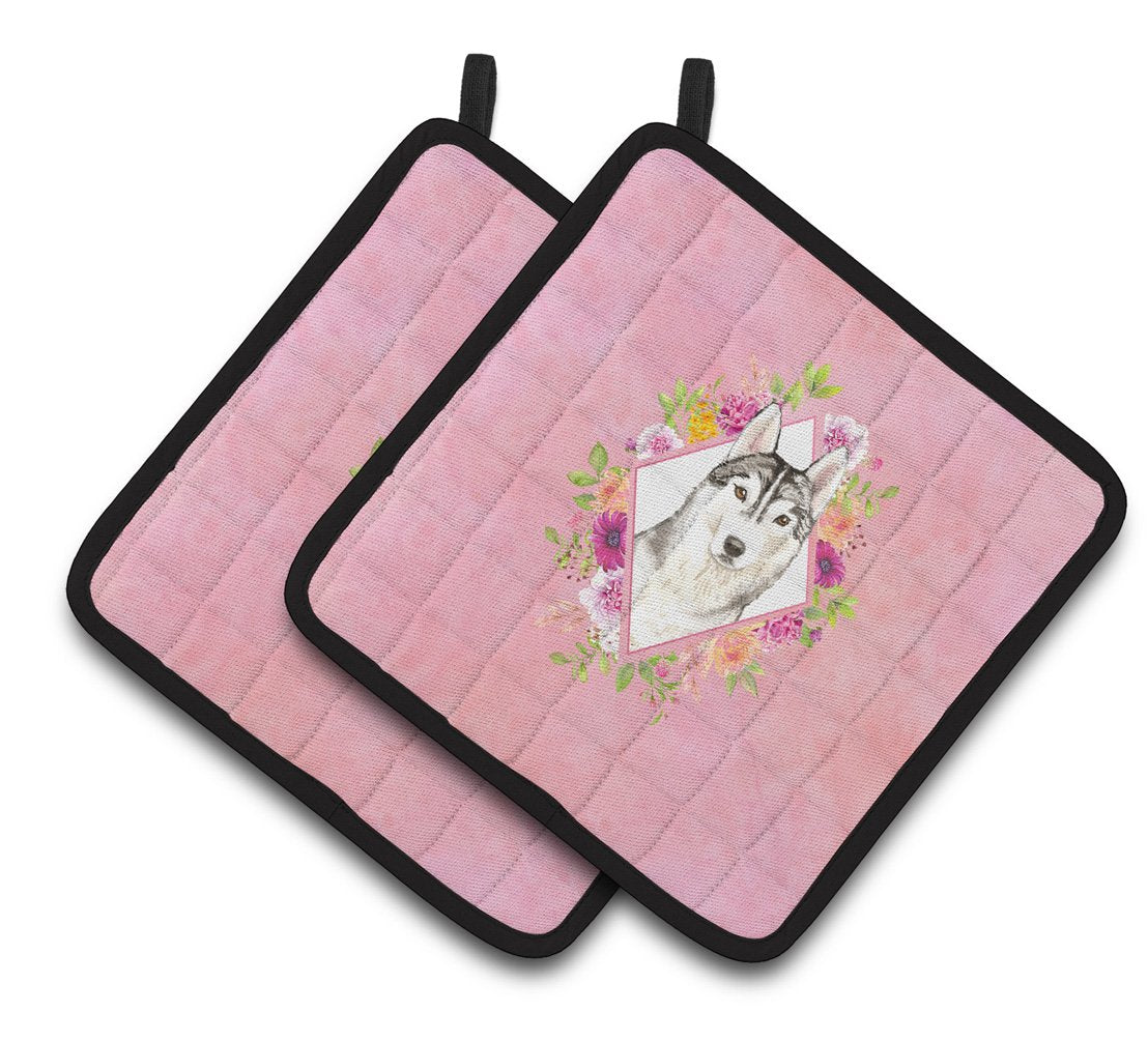 Siberian Husky Pink Flowers Pair of Pot Holders CK4210PTHD by Caroline's Treasures