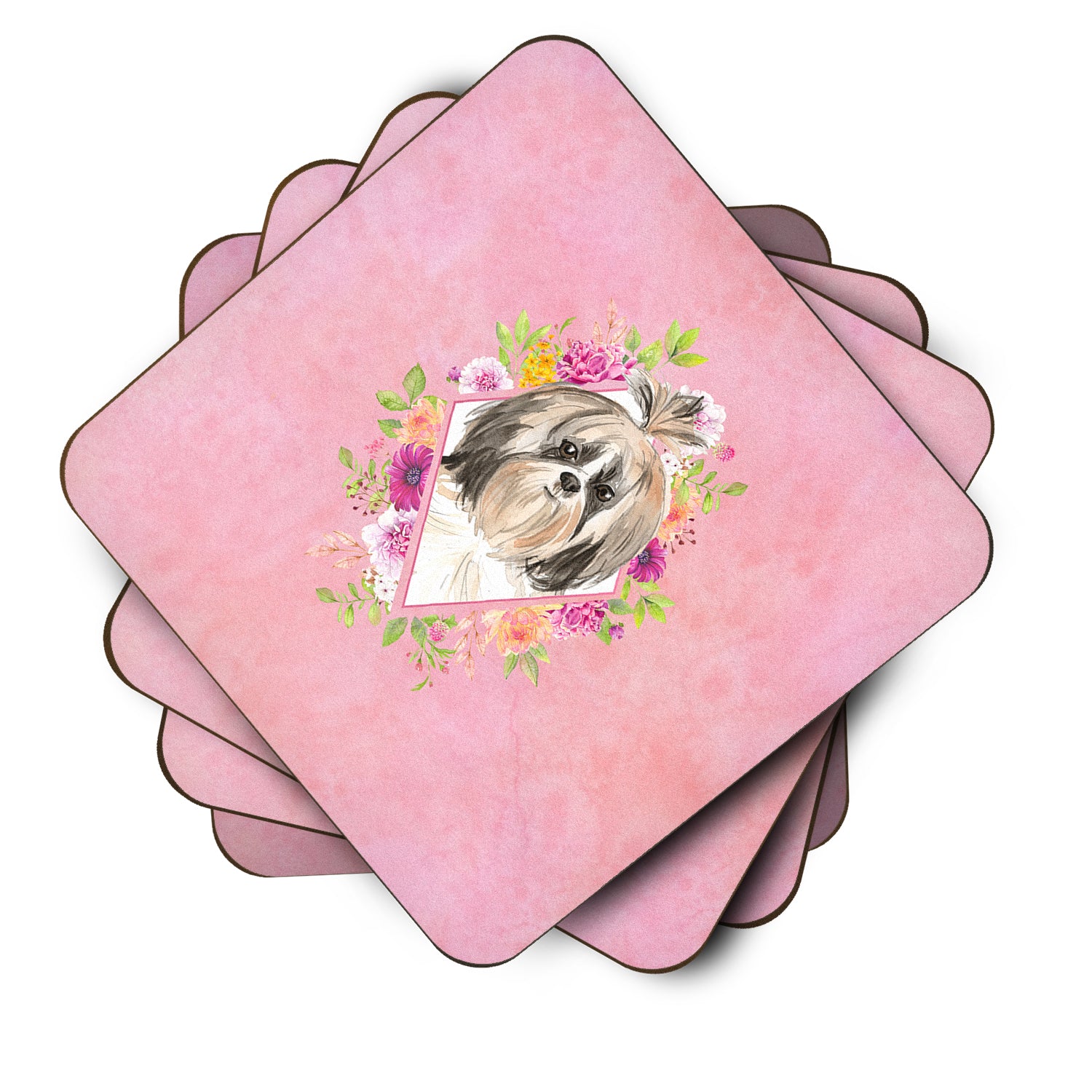 Set of 4 Shih Tzu Pink Flowers Foam Coasters Set of 4 CK4212FC - the-store.com