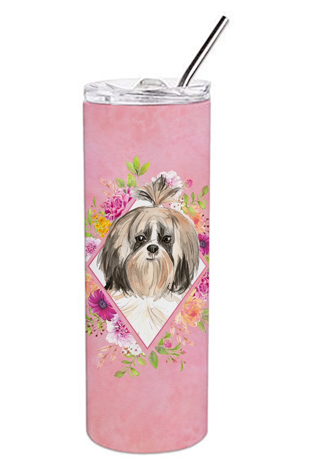 Shih Tzu Pink Flowers Double Walled Stainless Steel 20 oz Skinny Tumbler CK4212TBL20 by Caroline's Treasures