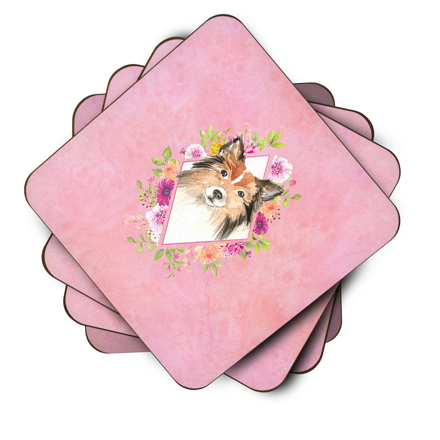 Set of 4 Sheltie Pink Flowers Foam Coasters Set of 4 CK4213FC - the-store.com