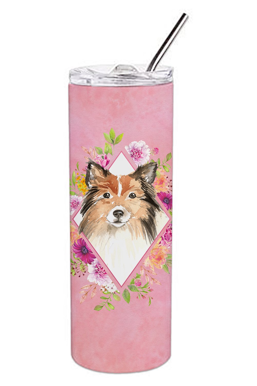 Sheltie Pink Flowers Double Walled Stainless Steel 20 oz Skinny Tumbler CK4213TBL20 by Caroline's Treasures