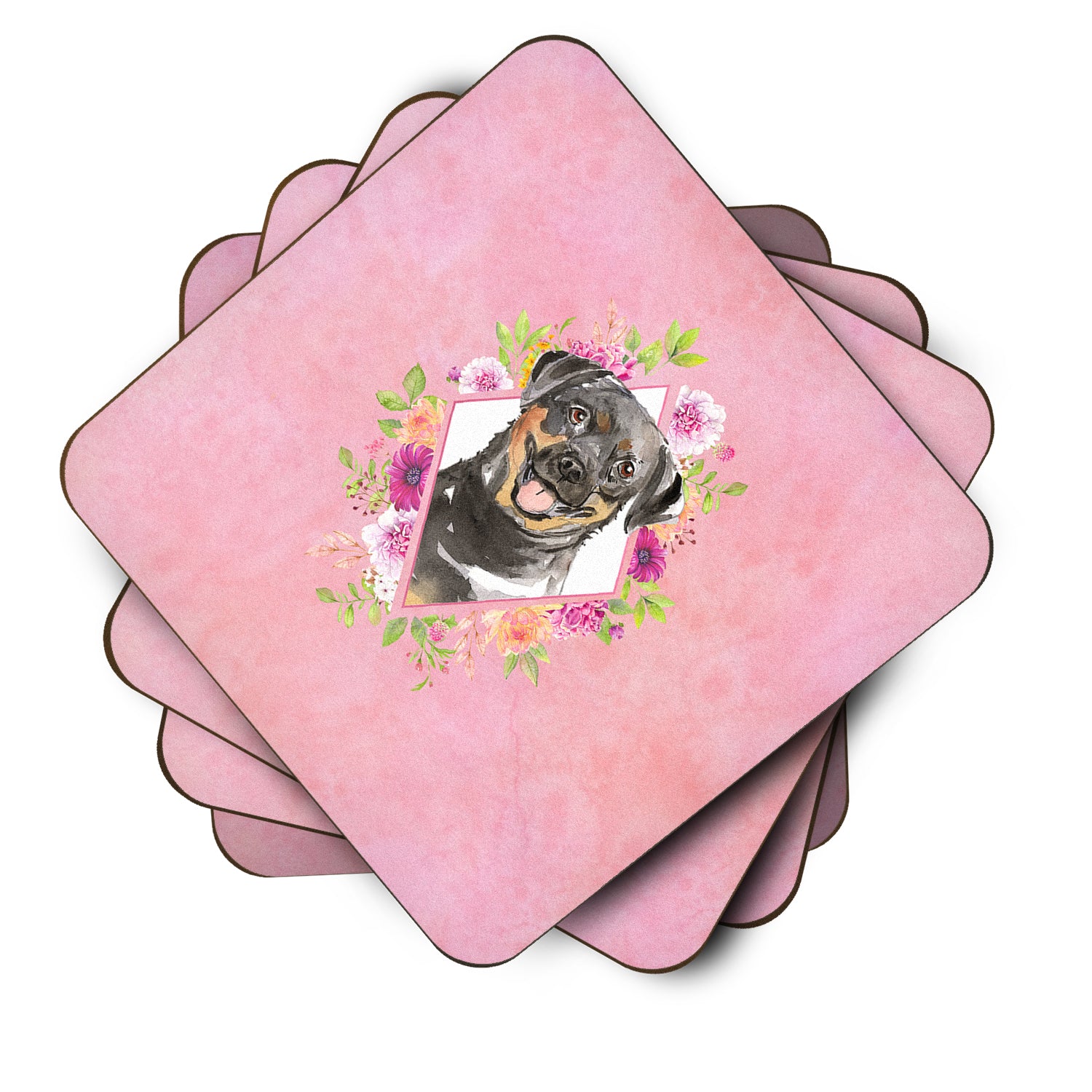 Set of 4 Rottweiler Pink Flowers Foam Coasters Set of 4 CK4217FC - the-store.com