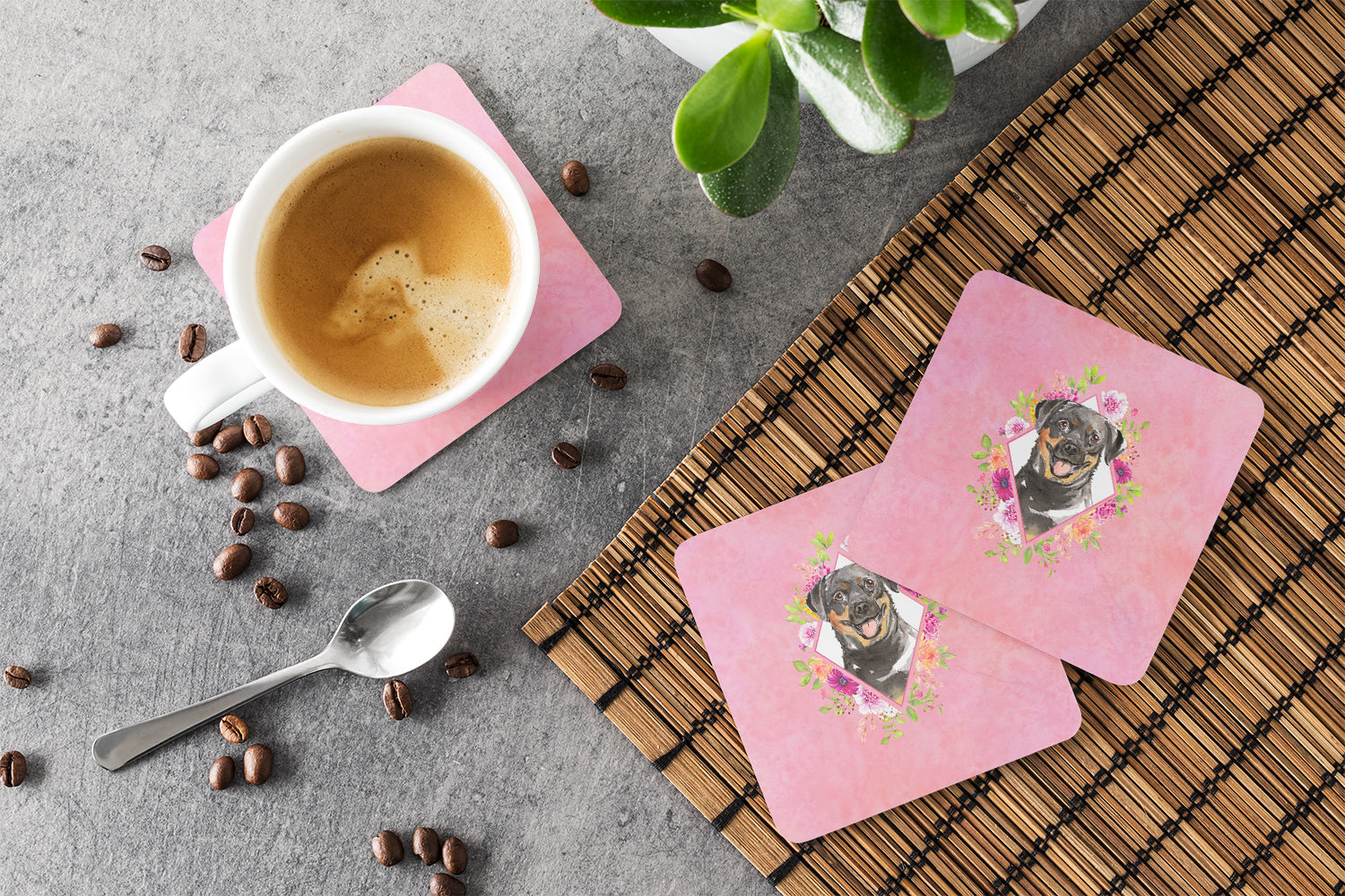 Set of 4 Rottweiler Pink Flowers Foam Coasters Set of 4 CK4217FC - the-store.com