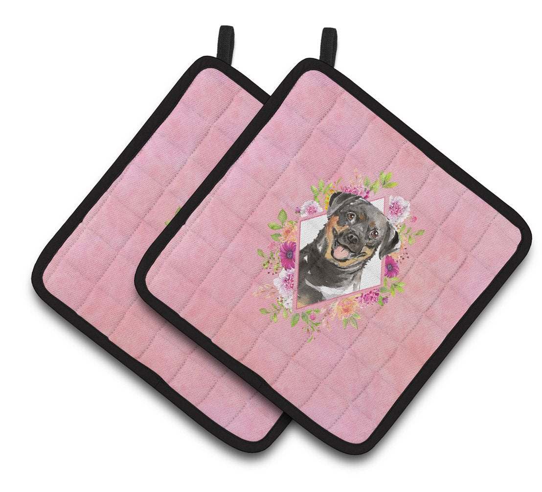 Rottweiler Pink Flowers Pair of Pot Holders CK4217PTHD by Caroline&#39;s Treasures