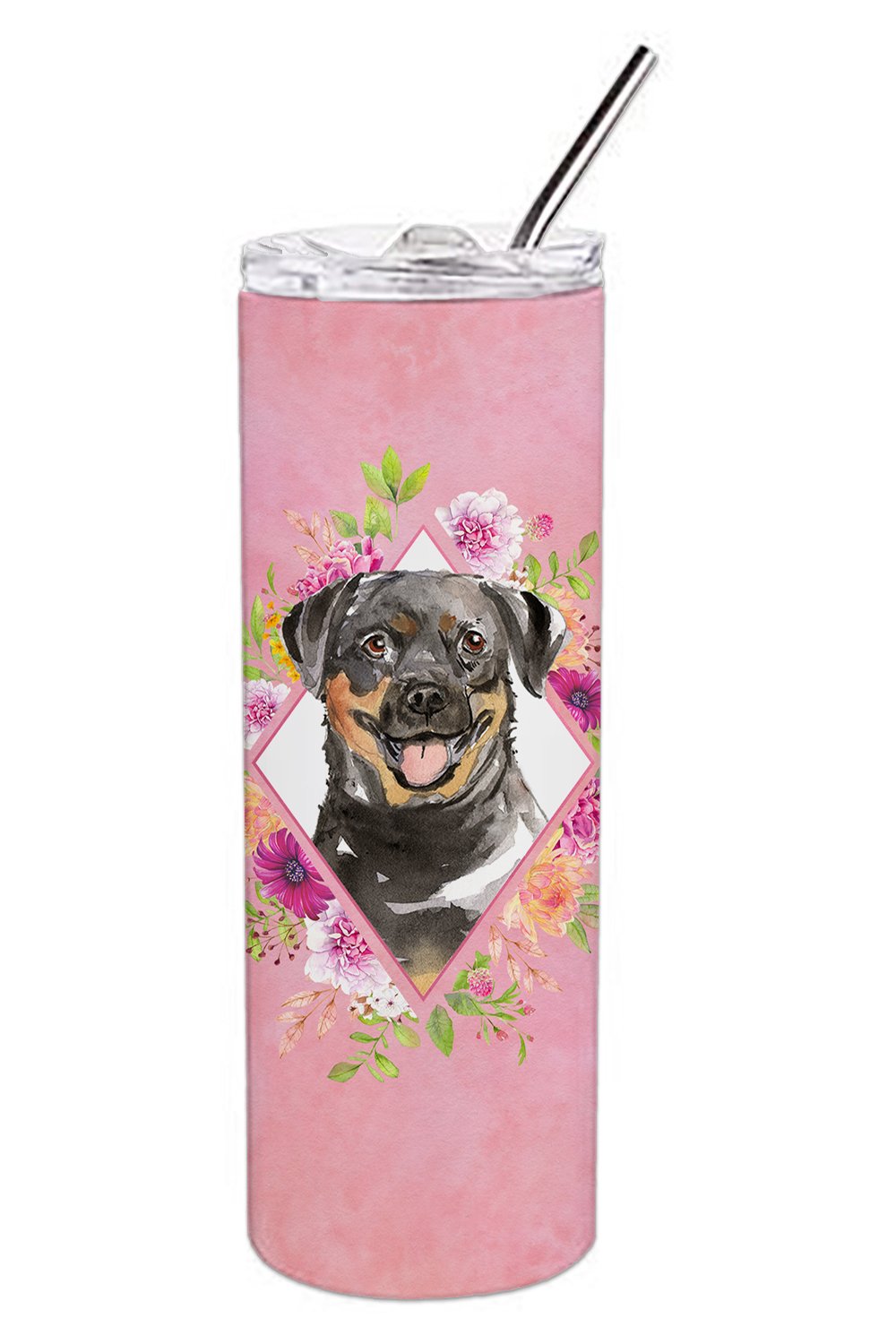 Rottweiler Pink Flowers Double Walled Stainless Steel 20 oz Skinny Tumbler CK4217TBL20 by Caroline's Treasures