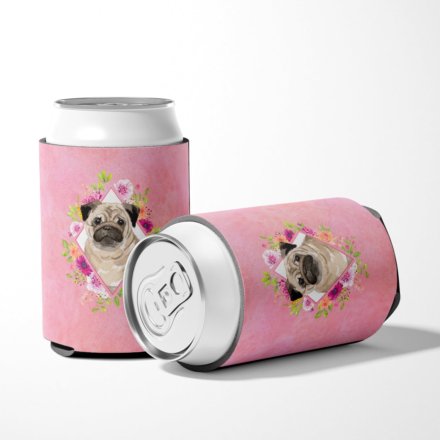 Fawn Pug Pink Flowers Can or Bottle Hugger CK4218CC  the-store.com.