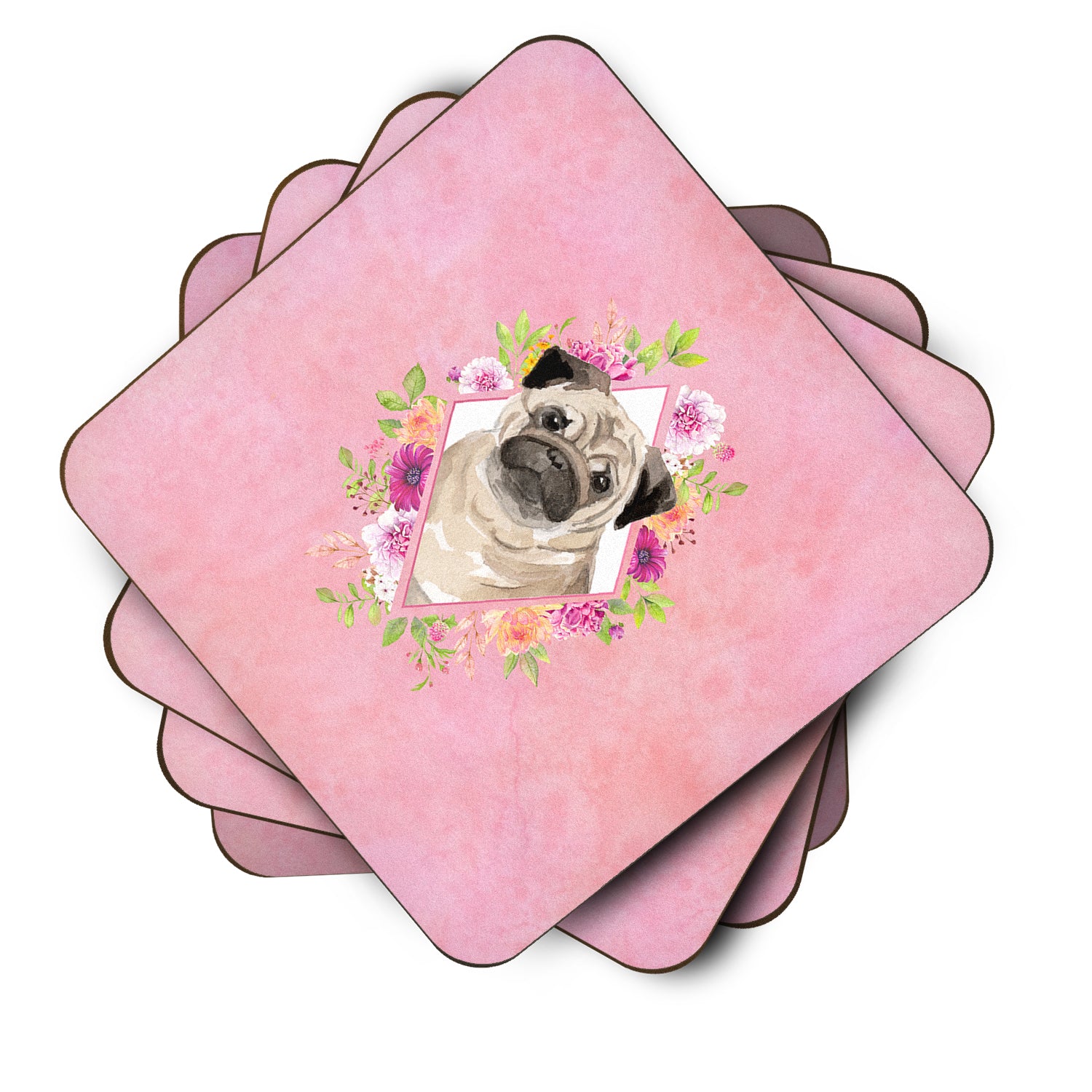 Set of 4 Fawn Pug Pink Flowers Foam Coasters Set of 4 CK4218FC - the-store.com