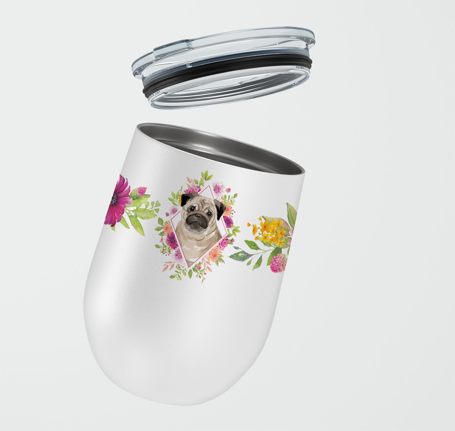 Fawn Pug Pink Flowers Stainless Steel 12 oz Stemless Wine Glass CK4218TBL12 by Caroline's Treasures