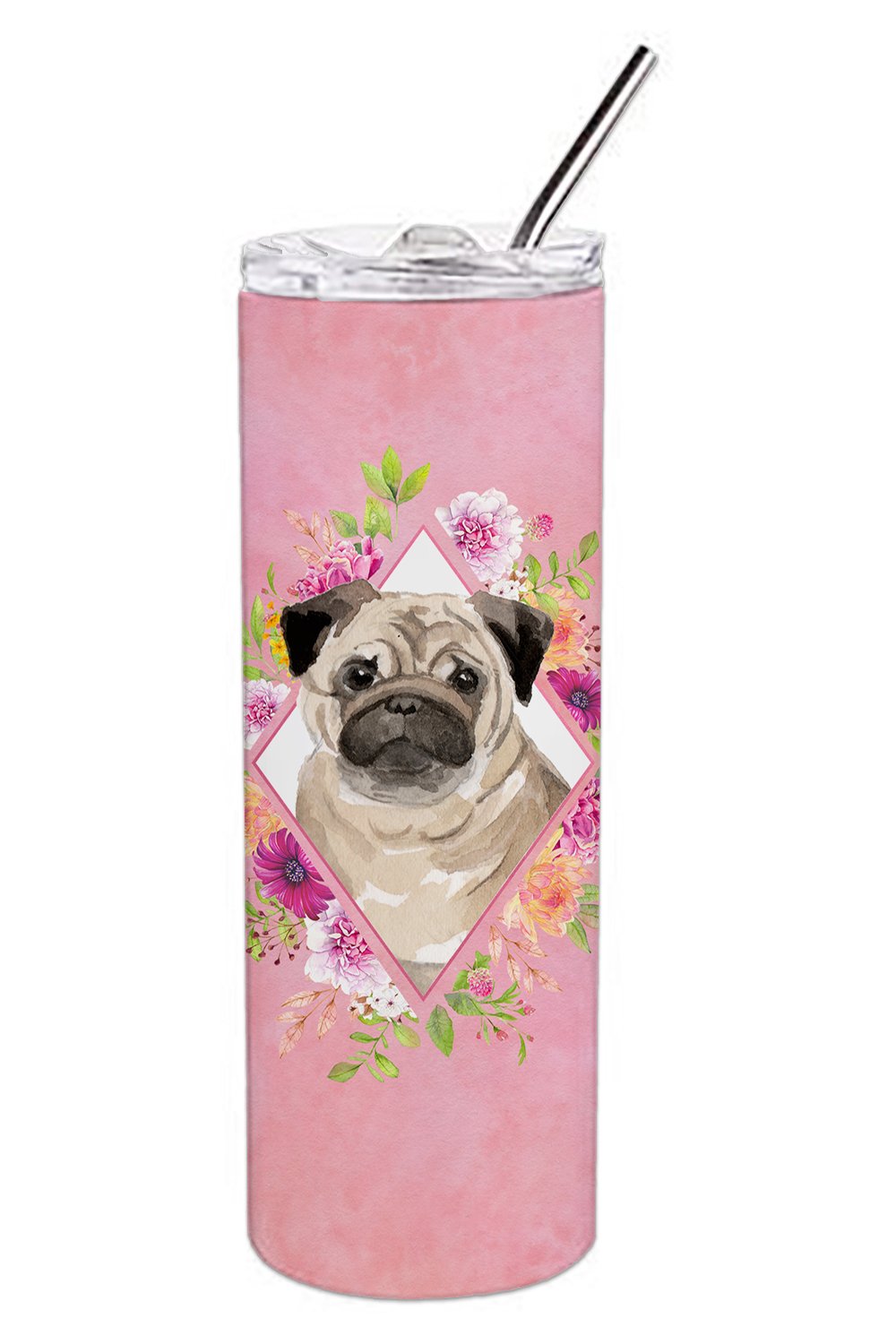 Fawn Pug Pink Flowers Double Walled Stainless Steel 20 oz Skinny Tumbler CK4218TBL20 by Caroline's Treasures