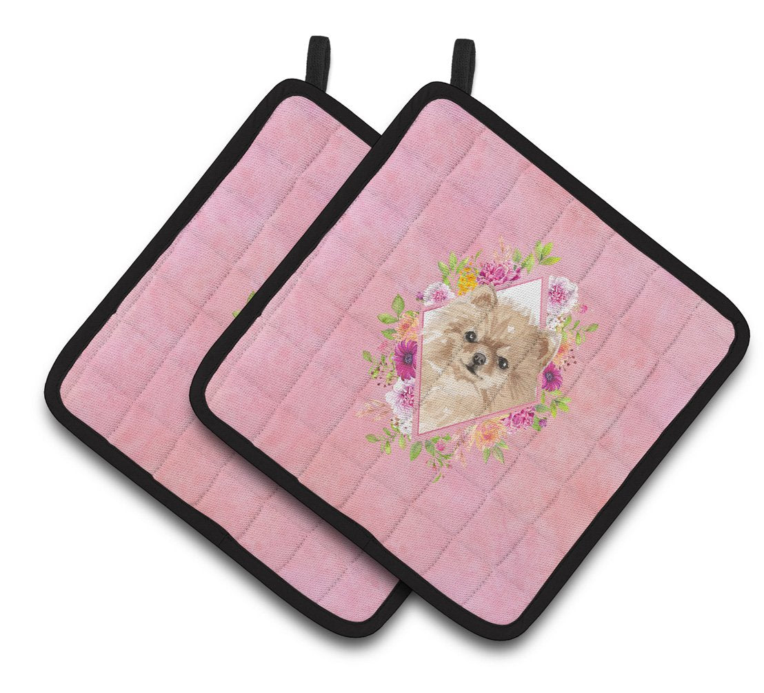 Pomeranian Pink Flowers Pair of Pot Holders CK4219PTHD by Caroline&#39;s Treasures