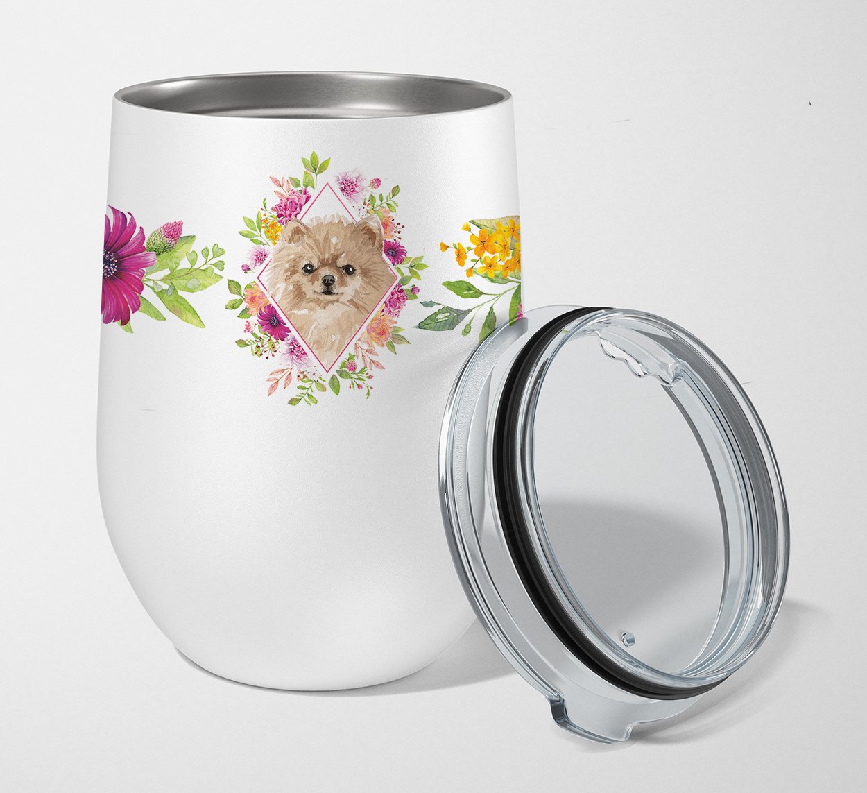 Pomeranian Pink Flowers Stainless Steel 12 oz Stemless Wine Glass CK4219TBL12 by Caroline's Treasures