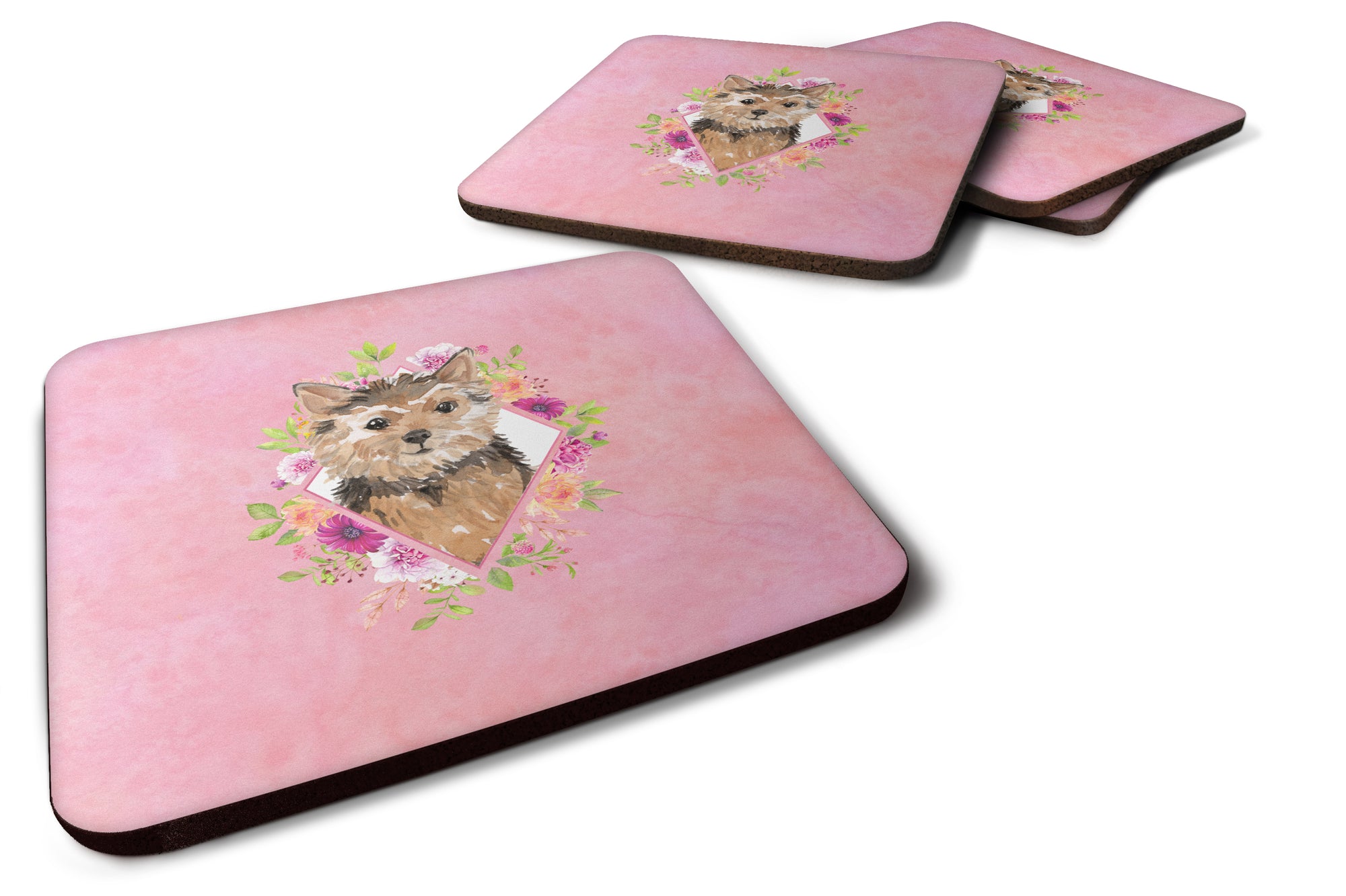 Set of 4 Norwich Terrier Pink Flowers Foam Coasters Set of 4 CK4220FC - the-store.com